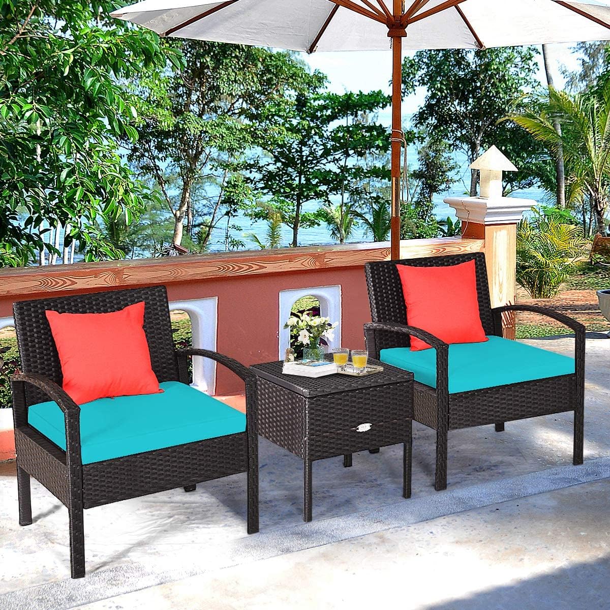 HAPPYGRILL 3 Piece Patio Furniture Set Rattan Wicker Sofa Set with Removable Cushions and Coffee Table, Outdoor Conversation Bistro Chairs Set with Storage Table for Garden Poolside Balcony