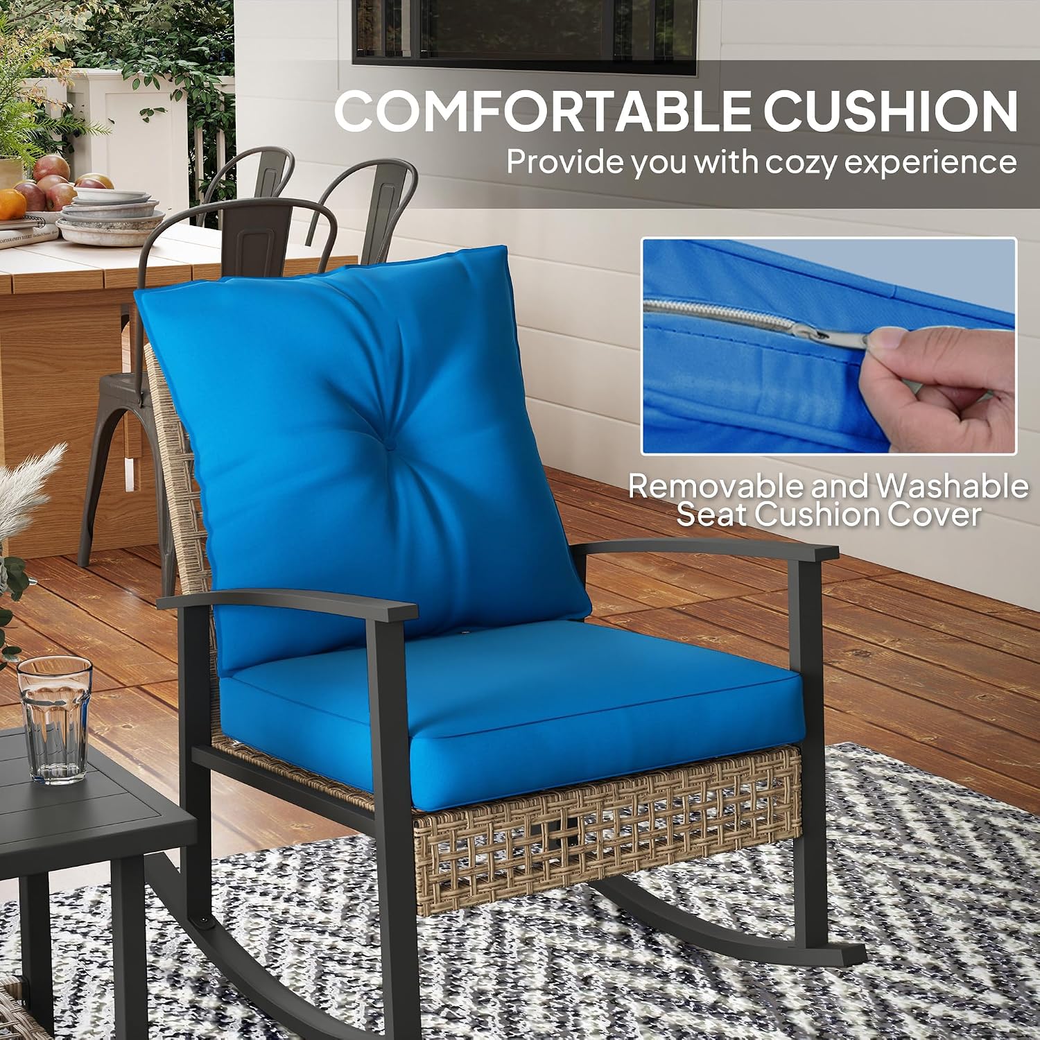 Outsunny 3 Pieces Rocking Wicker Outdoor Bistro Set, Rattan Patio Furniture Set with Coffee Table and Porch Chairs, Button Tufted Cushions for Backyard, Balcony, Garden, Dark Blue