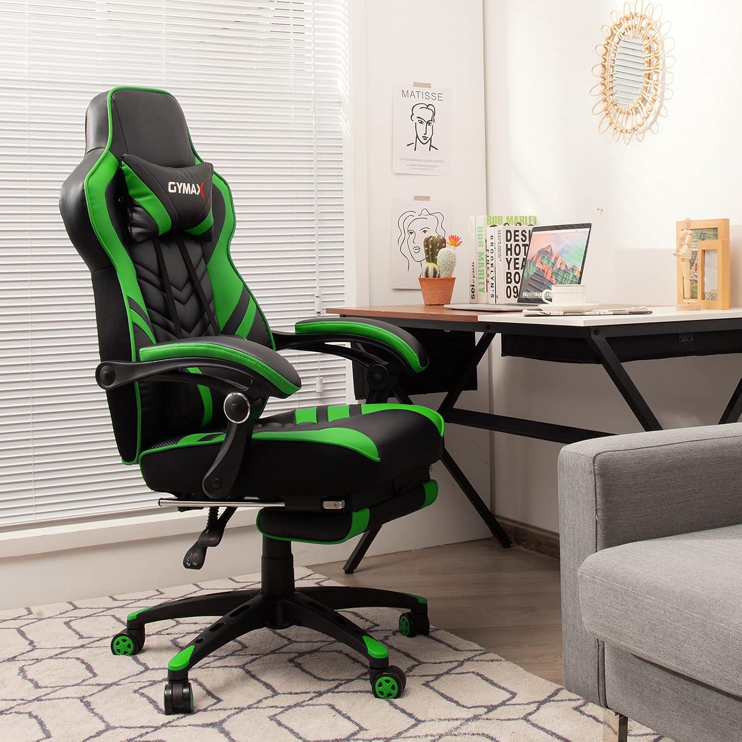 GYMAX Gaming Chair, Ergonomic Computer Chair with Footrest, Linkage Armrests & Lumbar Cushion, Big Wide High Back Video Gaming Chair, Reclining Office Rolling Chair for Adult/Teens (Green)