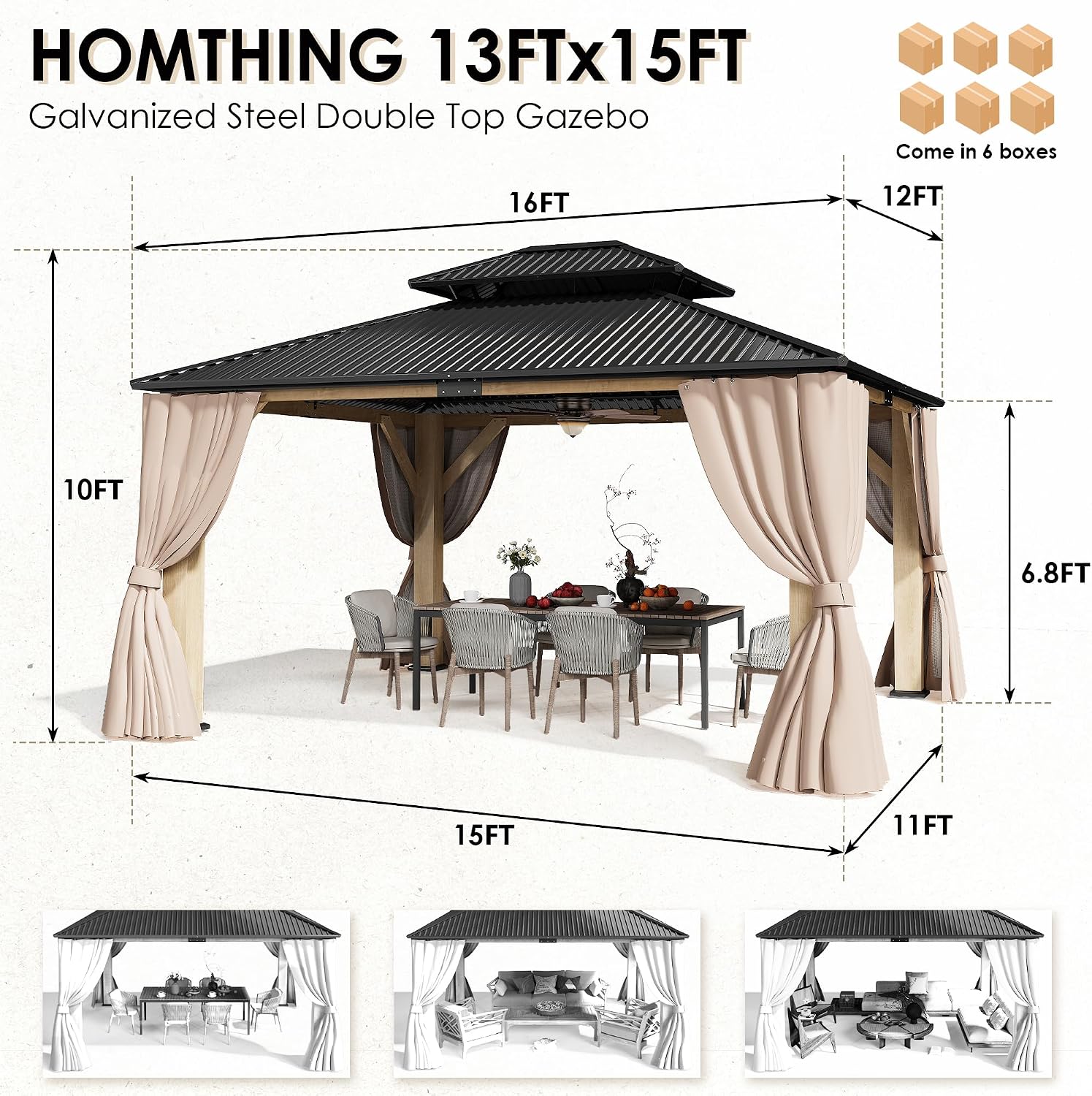 13'x15' Outdoor Wood Gazebo, Wooden Pavilion with Double Galvanized Steel Roof, Hardtop Gazebo with Natural Wood Frame, Curtains & Netting for Patio, Garden, Lawn, Deck, Backyard