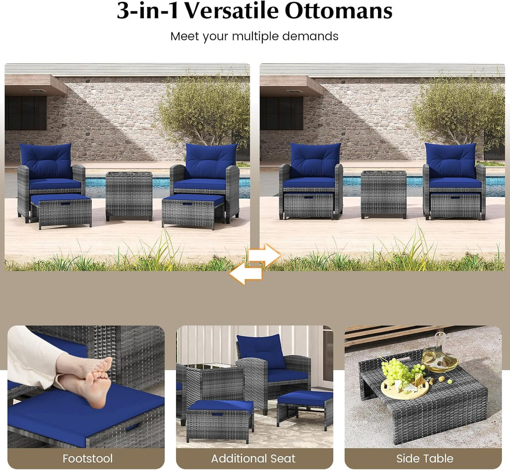 KOTEK 5 Pieces Patio Furniture Set with Ottomans, Wicker Patio Conversation Set with Coffee Table & Cushions, PE Rattan Outdoor Lounge Chairs for Backyard, Porch, Poolside (Mix Grey- Navy)