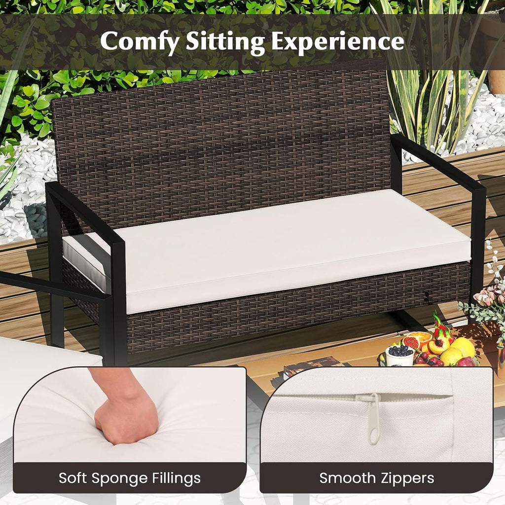 Tangkula 4 Pieces Patio Furniture Set, Outdoor Rattan Conversation Set w/Cushioned Chairs & Wood Plastic Coffee Table, Wicker Sectional Seating Furniture for Backyard, Poolside, Porch (Off White,1)