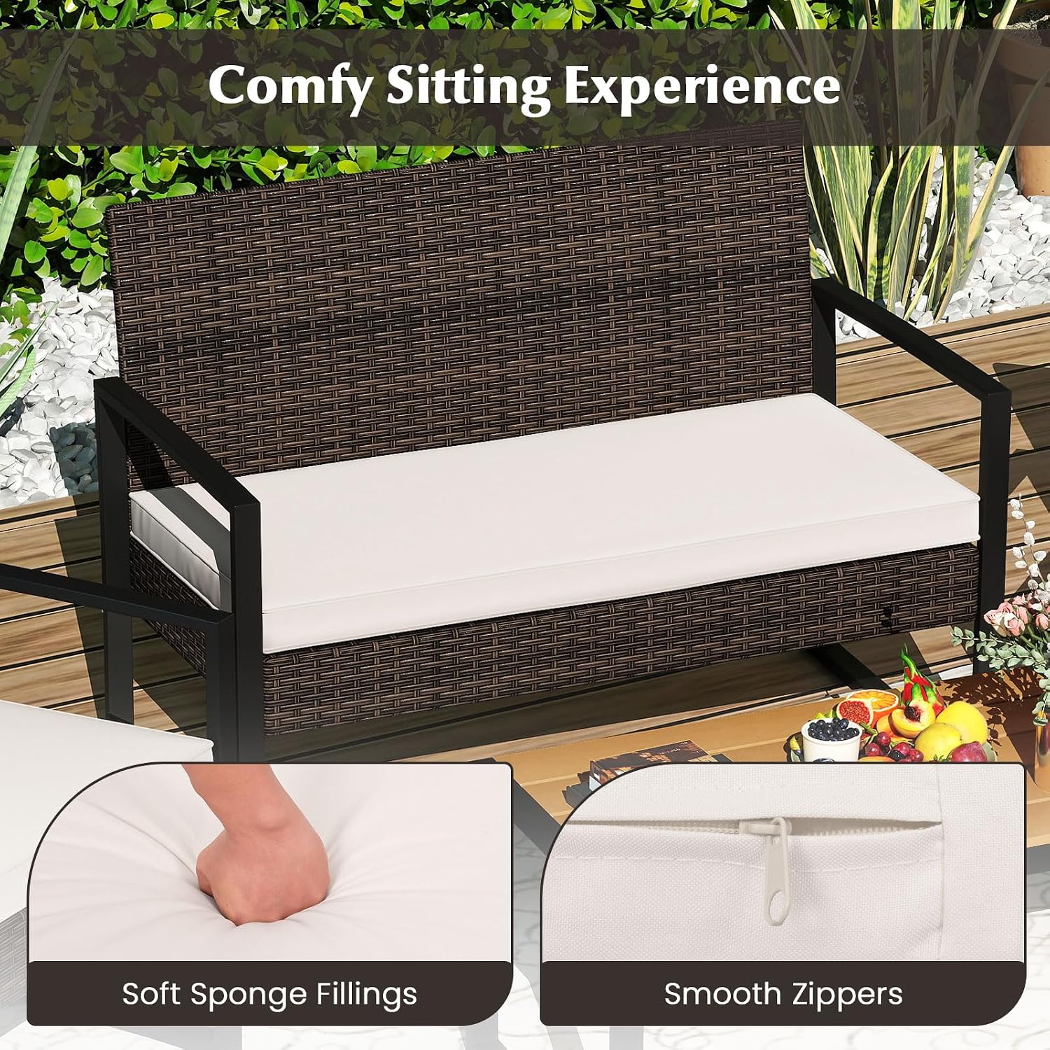 Tangkula 4 Pieces Patio Furniture Set, Outdoor Rattan Conversation Set w/Cushioned Chairs & Wood Plastic Coffee Table, Wicker Sectional Seating Furniture for Backyard, Poolside, Porch (Off White,1)