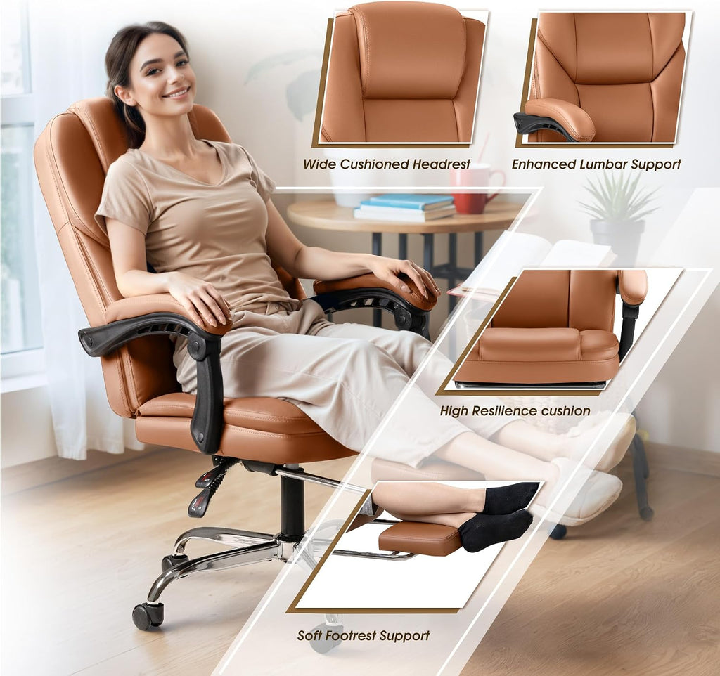 Furmax Executive Office Chair with Foot Rest Big and Tall Office Chair Ergonomic Home Office Desk Chairs Reclining High Back Leather Chair with Lumbar Support, 400LBS (Brown)