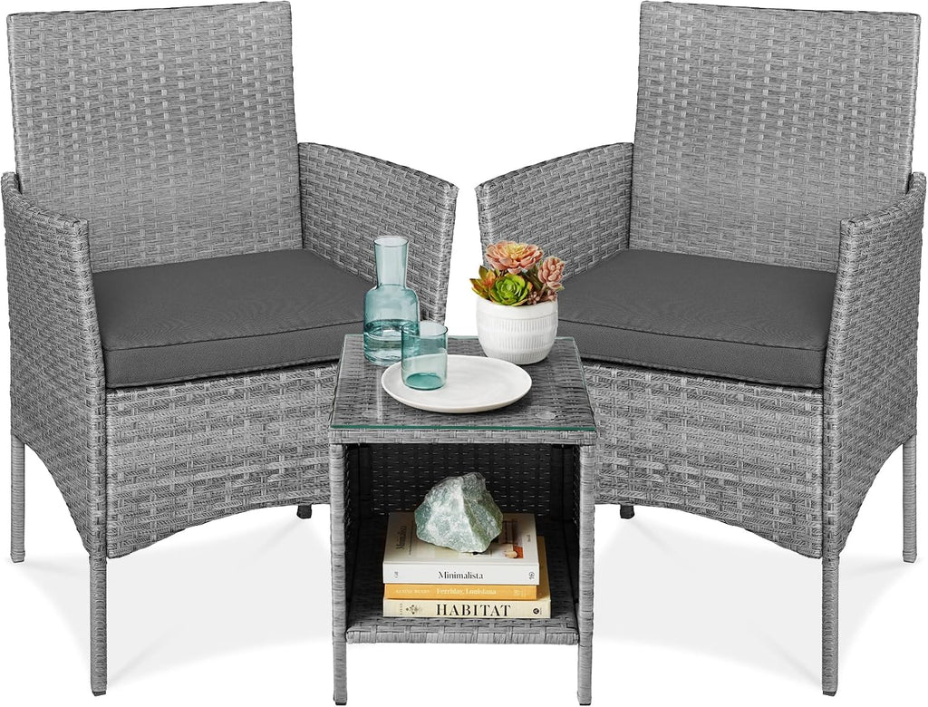 Best Choice Products 3-Piece Outdoor Wicker Conversation Bistro Set, Space Saving Patio Furniture for Garden w/Side Table - Gray/Gray