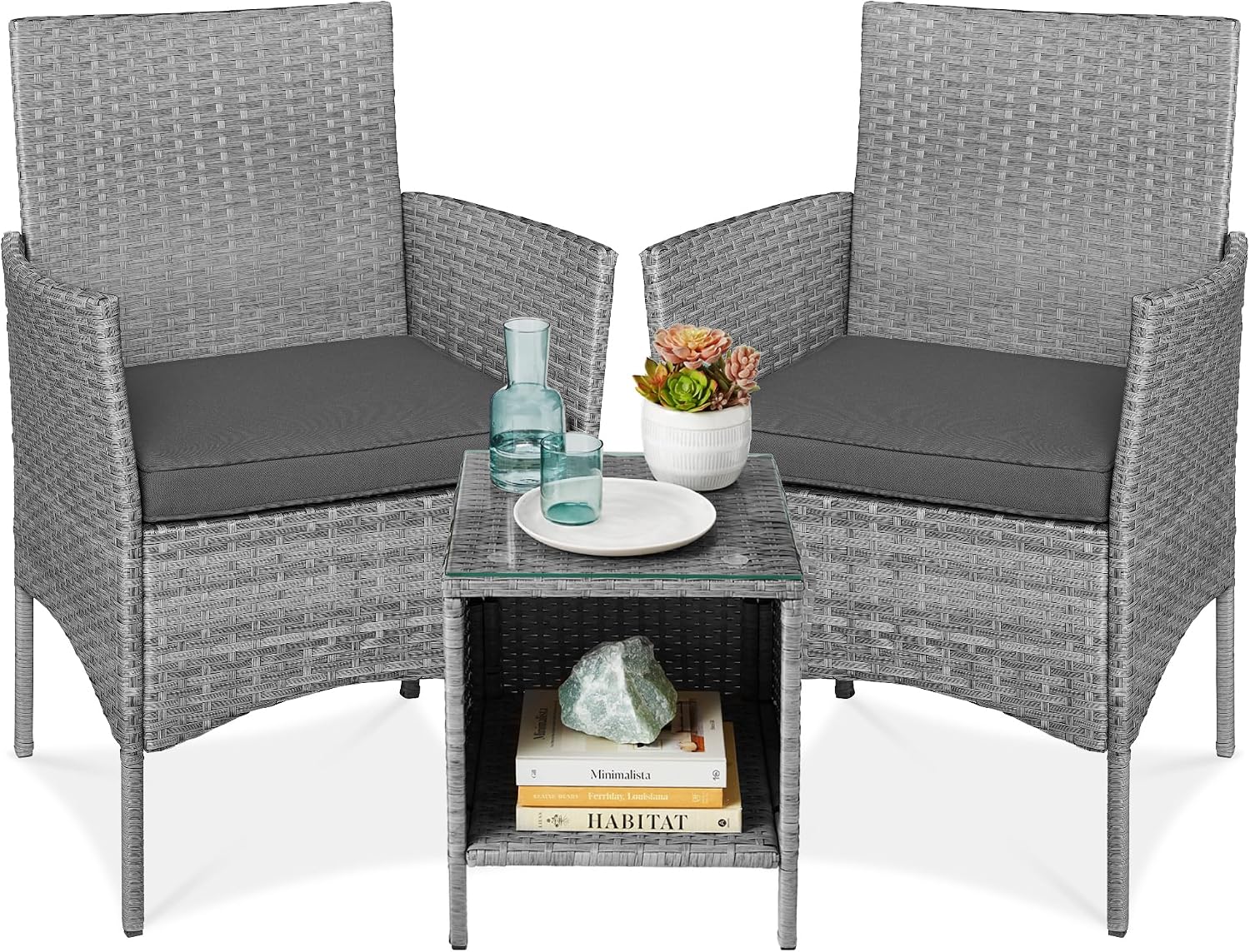 Best Choice Products 3-Piece Outdoor Wicker Conversation Bistro Set, Space Saving Patio Furniture for Garden w/Side Table - Gray/Gray