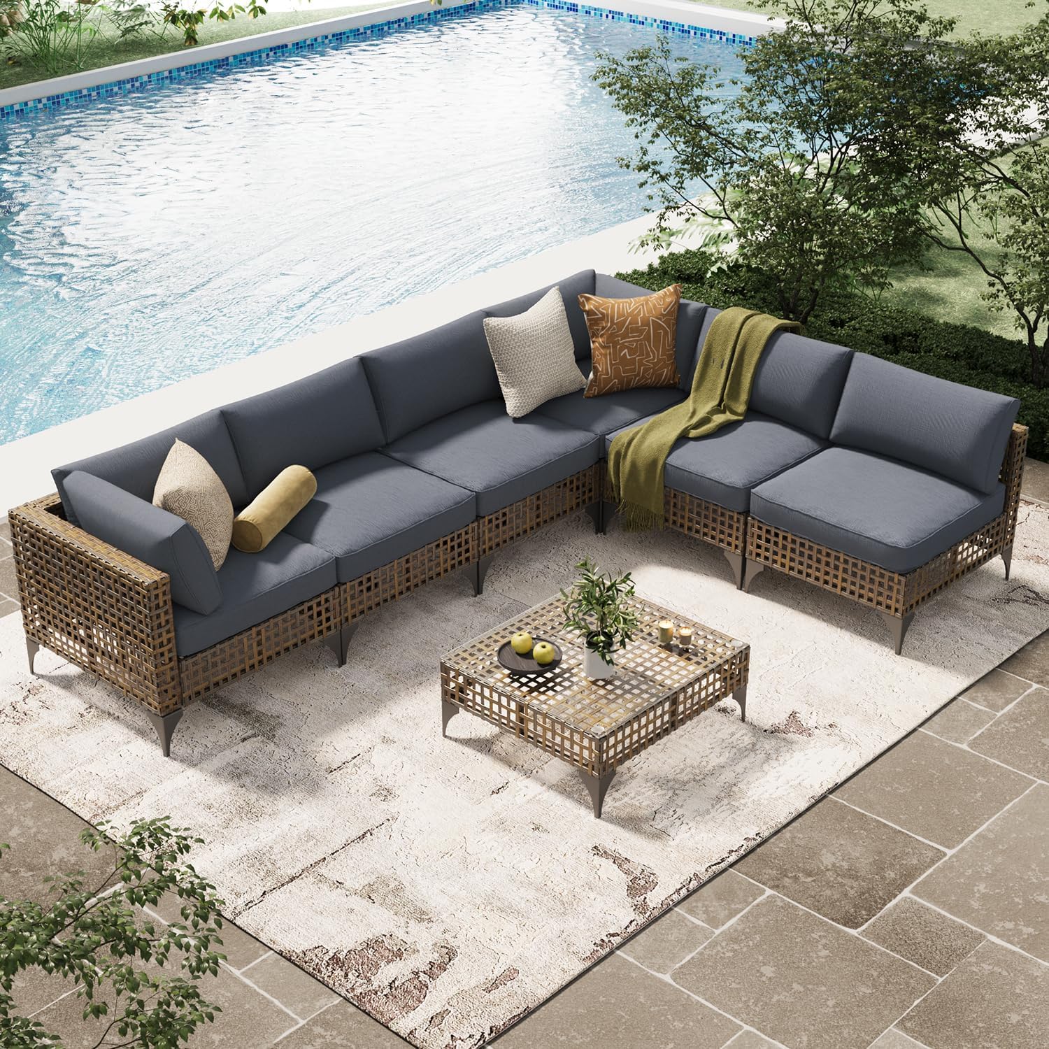 U-MAX 7-Piece Patio Furniture Set with Coffee Table, Boho Outdoor Furniture Set Sectional Sofa Wicker Conversation Set with Dark Brown Rattan & Dark Grey