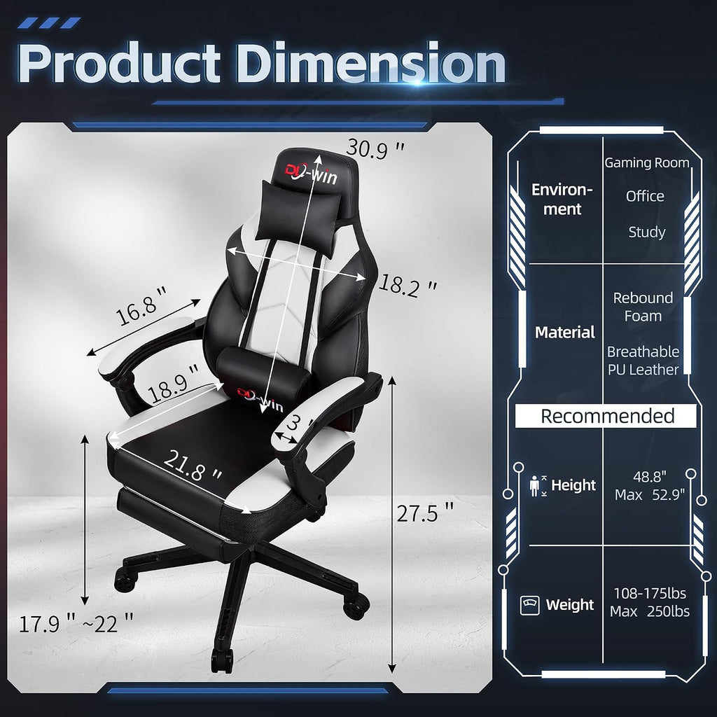 DL-win Video Gaming Chair for Adults, Computer Chair with Footrest and Ergonomic High Back, Big and Tall Gamer Chair with Massage Lumbar Support, 360° Swivel Height Adjustable Computer Chair, White