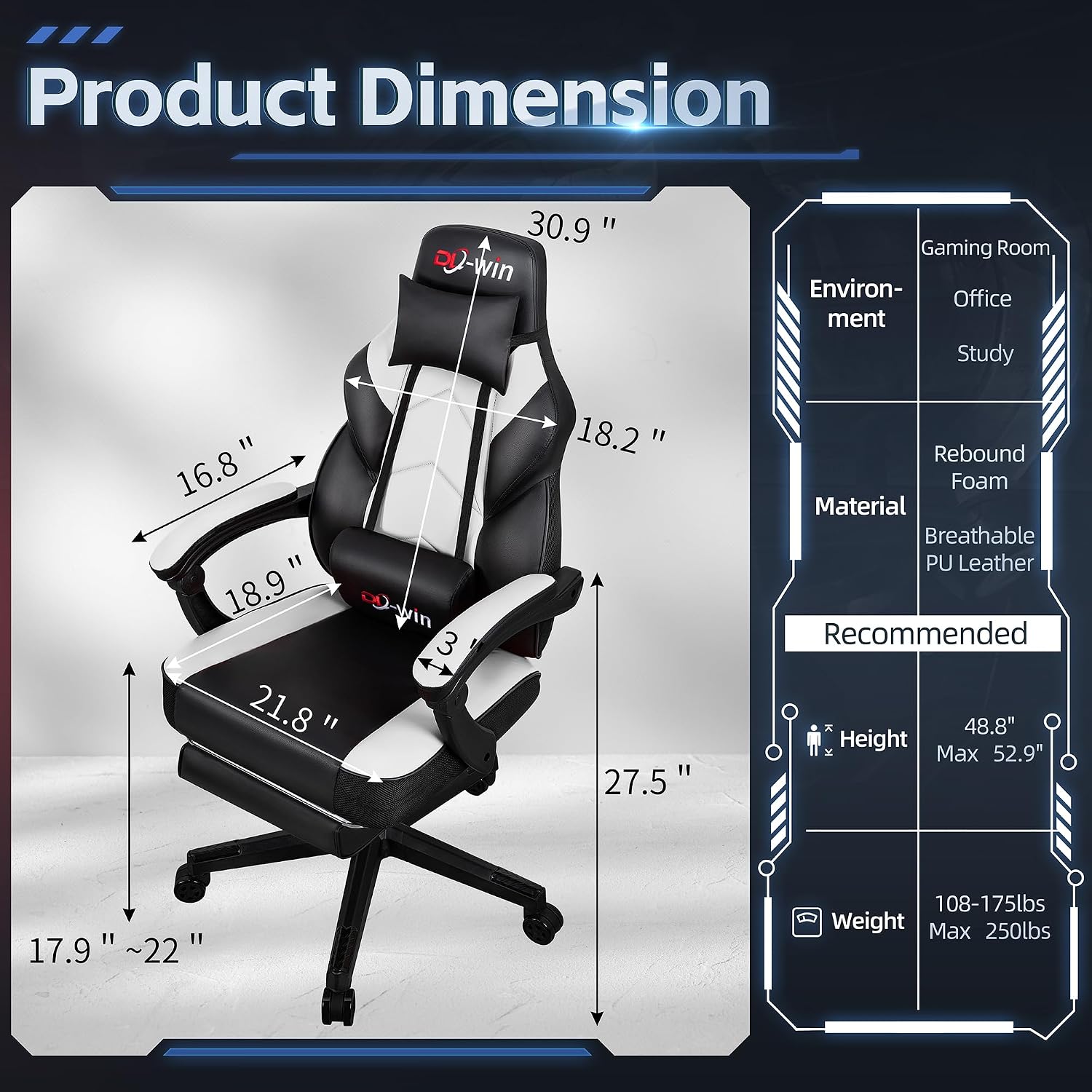 DL-win Video Gaming Chair for Adults, Computer Chair with Footrest and Ergonomic High Back, Big and Tall Gamer Chair with Massage Lumbar Support, 360° Swivel Height Adjustable Computer Chair, White