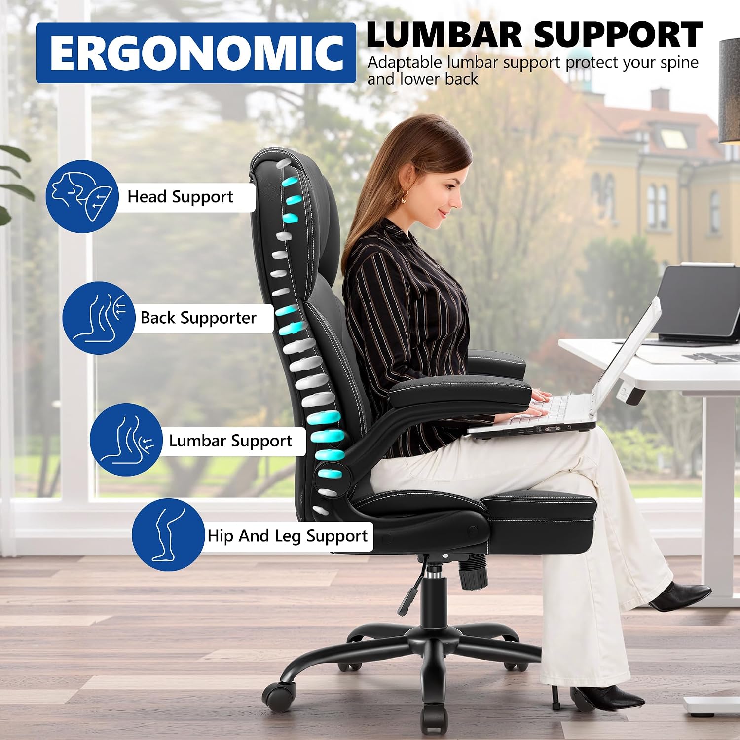 PU Leather Executive Office Chair, Ergonomic High-Back Computer & Gaming Chair with Adjustable Height, Rolling Swivel & Flip-Up Armrests, Comfy Padded Seat for Home Office-Black