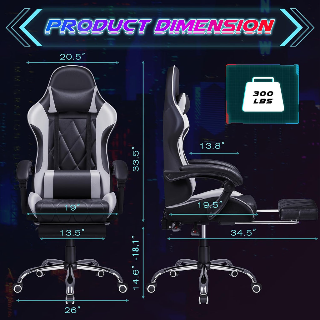 Shahoo Gaming Chair with Footrest and Massage Lumbar Support, Computer Game Chairs Ergonomic Office Seat Height Adjustable with Headrest, White