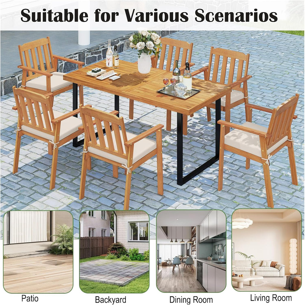 Tangkula 7 Pieces Patio Dining Table Set, 63' Rectangle Acacia Wood Table with Umbrella Hole and 6 Cushioned Armchairs, Outdoor Dinette Furniture for Garden Backyard Kitchen