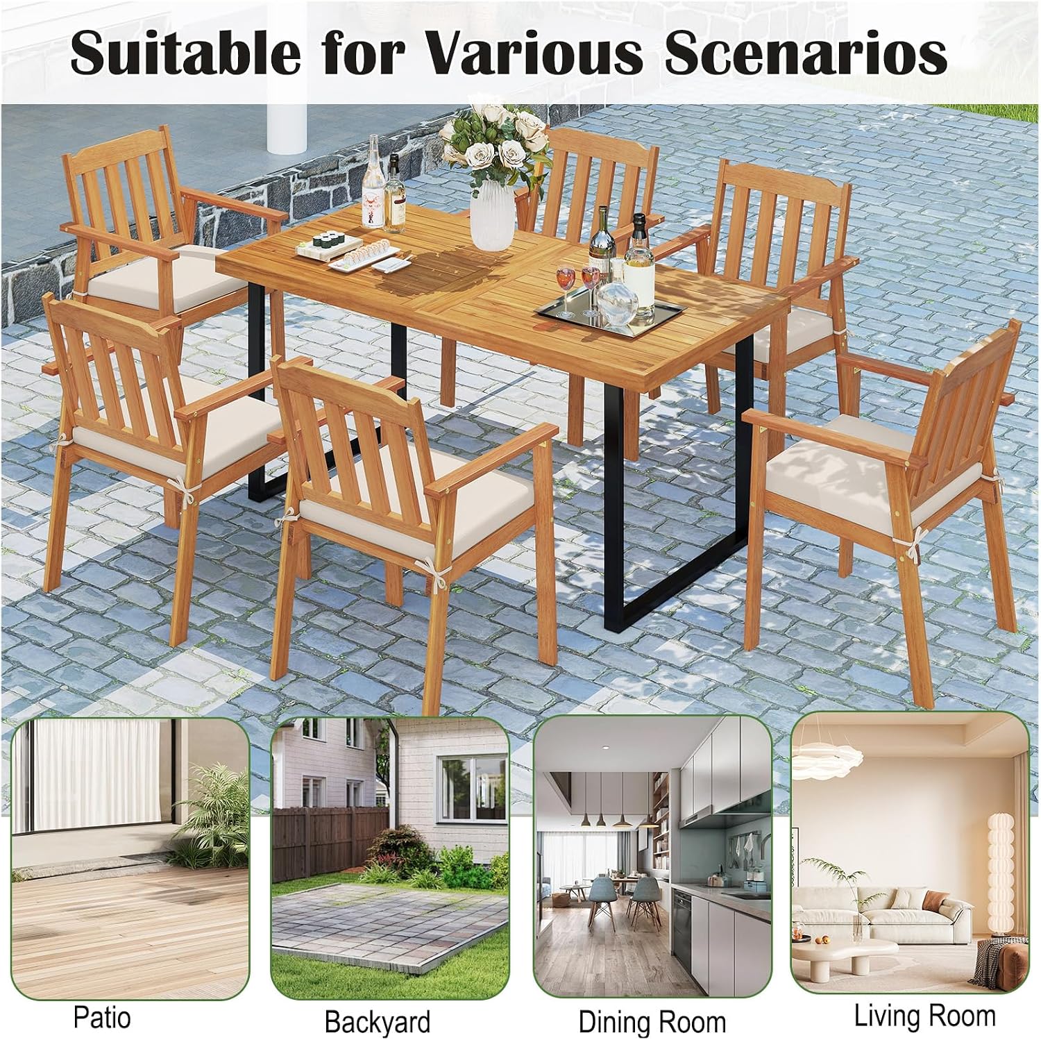 Tangkula 7 Pieces Patio Dining Table Set, 63' Rectangle Acacia Wood Table with Umbrella Hole and 6 Cushioned Armchairs, Outdoor Dinette Furniture for Garden Backyard Kitchen