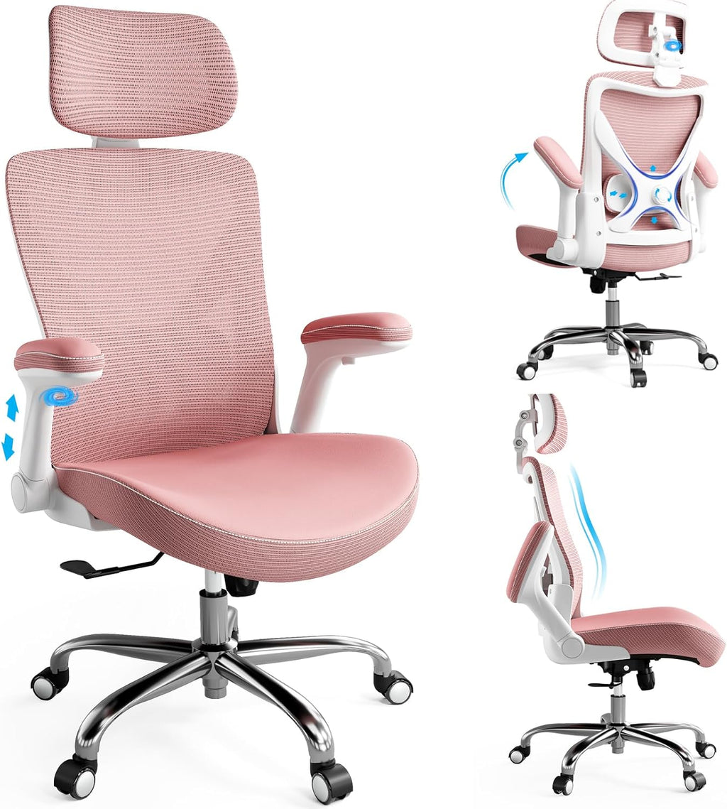 Ergalithic Office Home Ergonomic Desk Chair-Computer X-Shaped Chair Mesh PU Leather with Adjustable Lumbar Support-Executive Chair High Back with Headrest Flip-Up Arms for Long Hours (Dark Pink)
