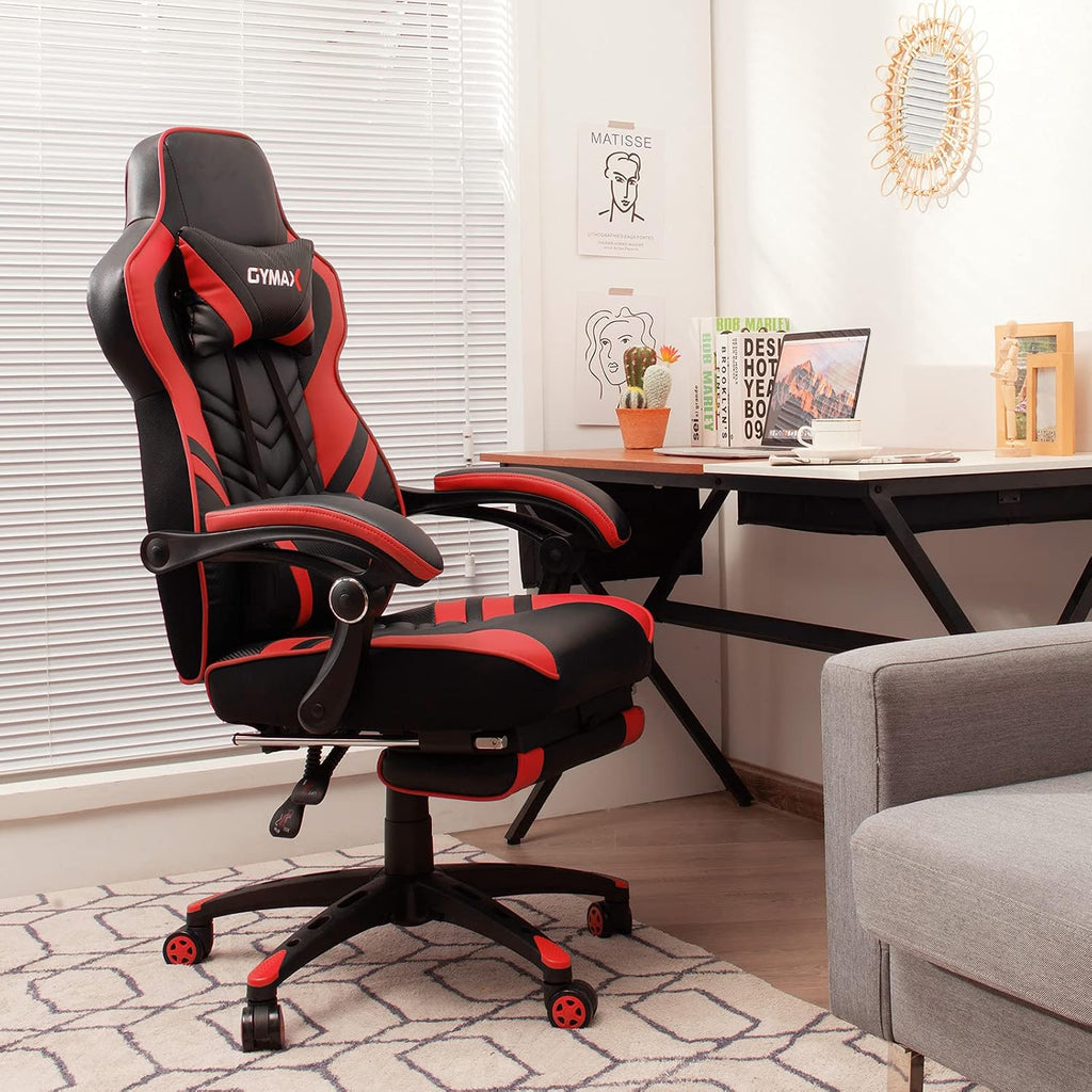 GYMAX Gaming Chair, Ergonomic Computer Chair with Footrest, Linkage Armrests & Lumbar Cushion, Big Wide High Back Video Gaming Chair, Reclining Office Rolling Chair for Adult/Teens (Red)