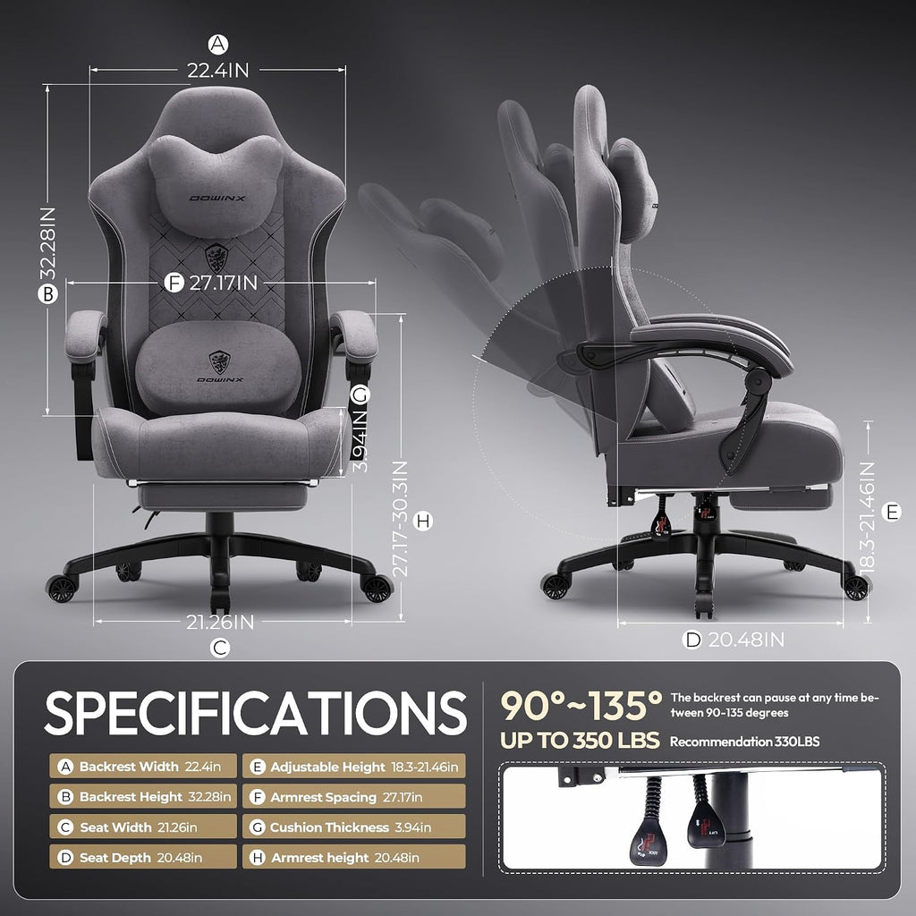 Dowinx Gaming Chair with Heated Massage Lumbar Support,Big and Tall Fabric Gaming Chairs for Adults with Footrest, Ergonomic Computer Game Chair with Poket Spring Cushions, 350lbs, Gray