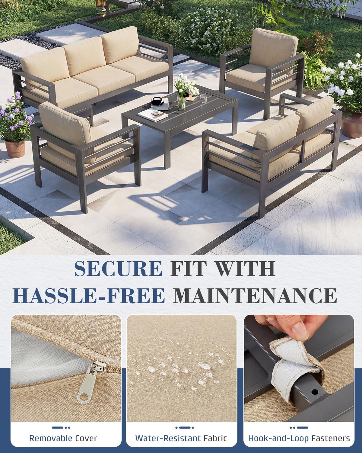 AECOJOY Aluminum Patio Furniture Set, 7 Seats Modern Outdoor Furniture with Coffee Table, 5 Pieces Metal Conversation Sectional Sofa, Beige