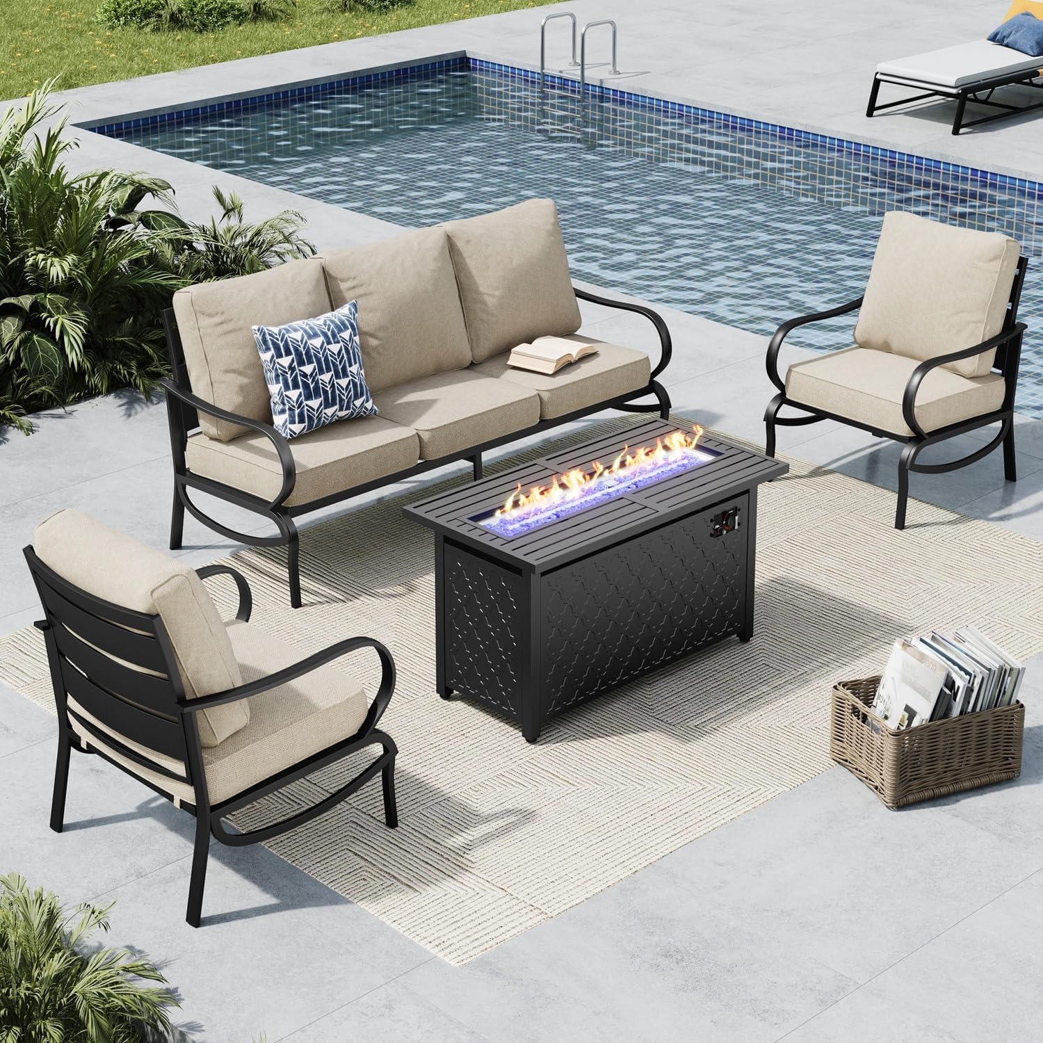 MFSTUDIO 4 Pieces Patio Conversation Sets, All Weather Metal Frame Outdoor Furniture Set Patio Sofas with 1 x 45 Rectangular Propane Fire Table, 1 x 3-Seat Sofa, 2 x Sofa Chairs, Beige Cushion