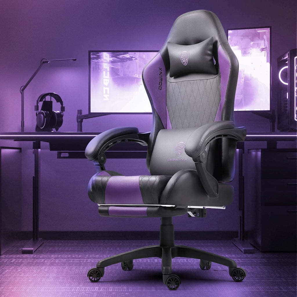 Dowinx Gaming Chair with Massage Lumbar Support and Footrest, Gaming Chairs for Adults, Ergonomic Computer Chair High Back with Pocket Spring Cushion, Swivel Recliner with Headrest, Purple