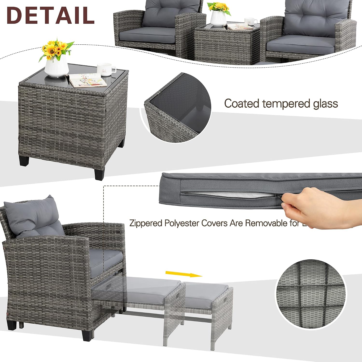 Vongrasig 5 Piece Patio Furniture Set, Small Balcony Furniture, PE Wicker Rattan Patio Chairs Set of 2, Outdoor Lounge Chairs with Cushions Ottomans &Glass Table for Porch Garden(Light Grey)