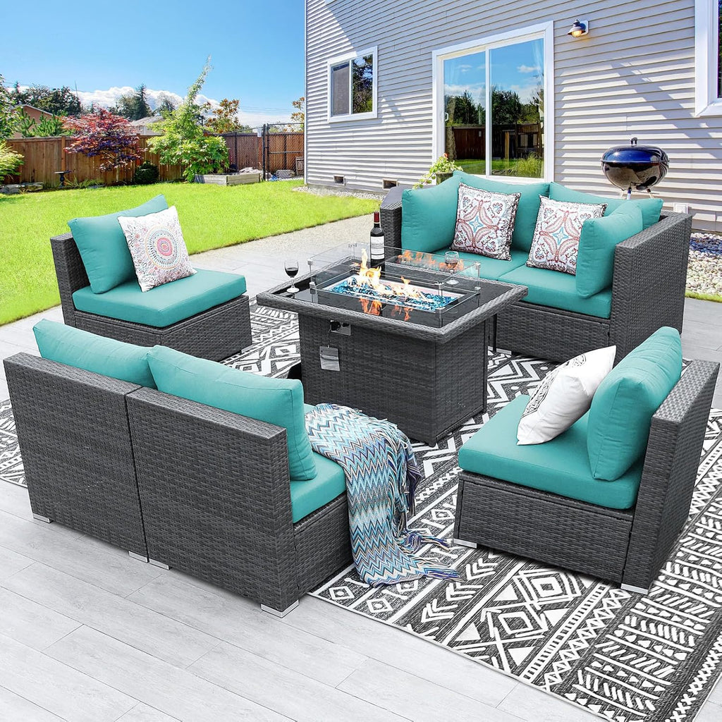 BULEXYARD 7 Piece High Back Outdoor Furniture Set with Fire Pit, Durable All Weather Wicker Patio Couch Sofa Set, Oversized Modular 6-Seater Sectional Backyard Seating Wide Deep for Lawn, Grey & Teal