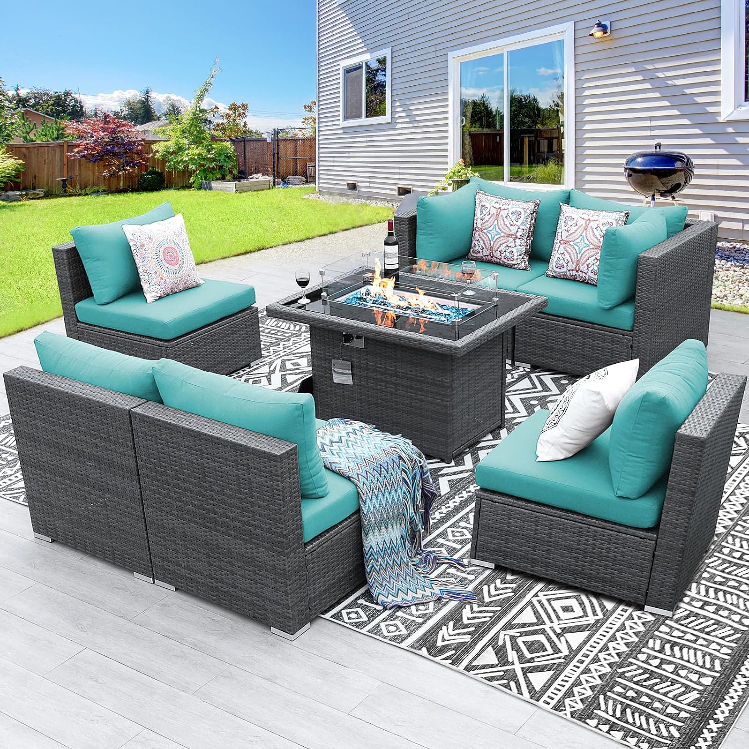 BULEXYARD 7 Piece High Back Outdoor Furniture Set with Fire Pit, Durable All Weather Wicker Patio Couch Sofa Set, Oversized Modular 6-Seater Sectional Backyard Seating Wide Deep for Lawn, Grey & Teal