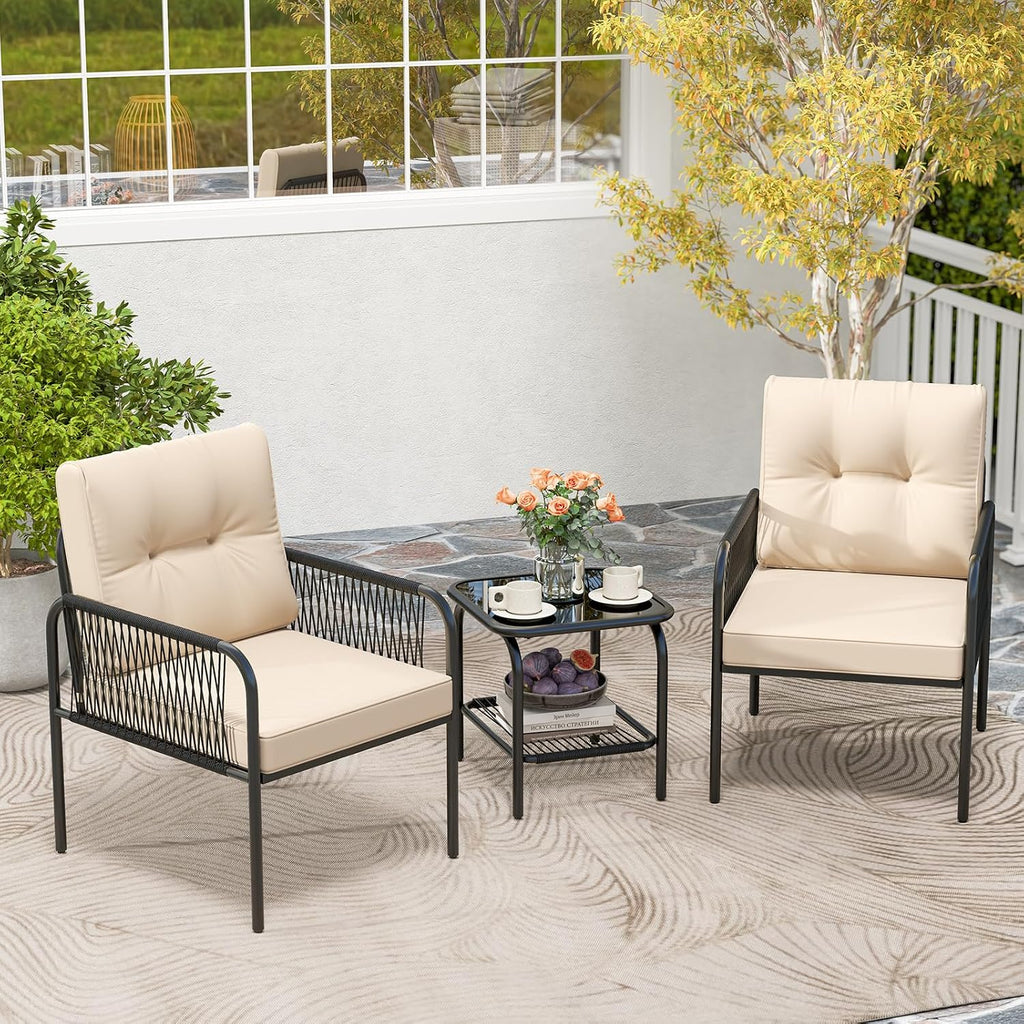 Tangkula 3 Pieces Patio Bistro Set, PE Rattan Furniture Set with Tempered Glass Table, Chairs, Back and Seat Cushions, Outdoor Wicker Conversation Set for Porch, Backyard, Garden and Poolside