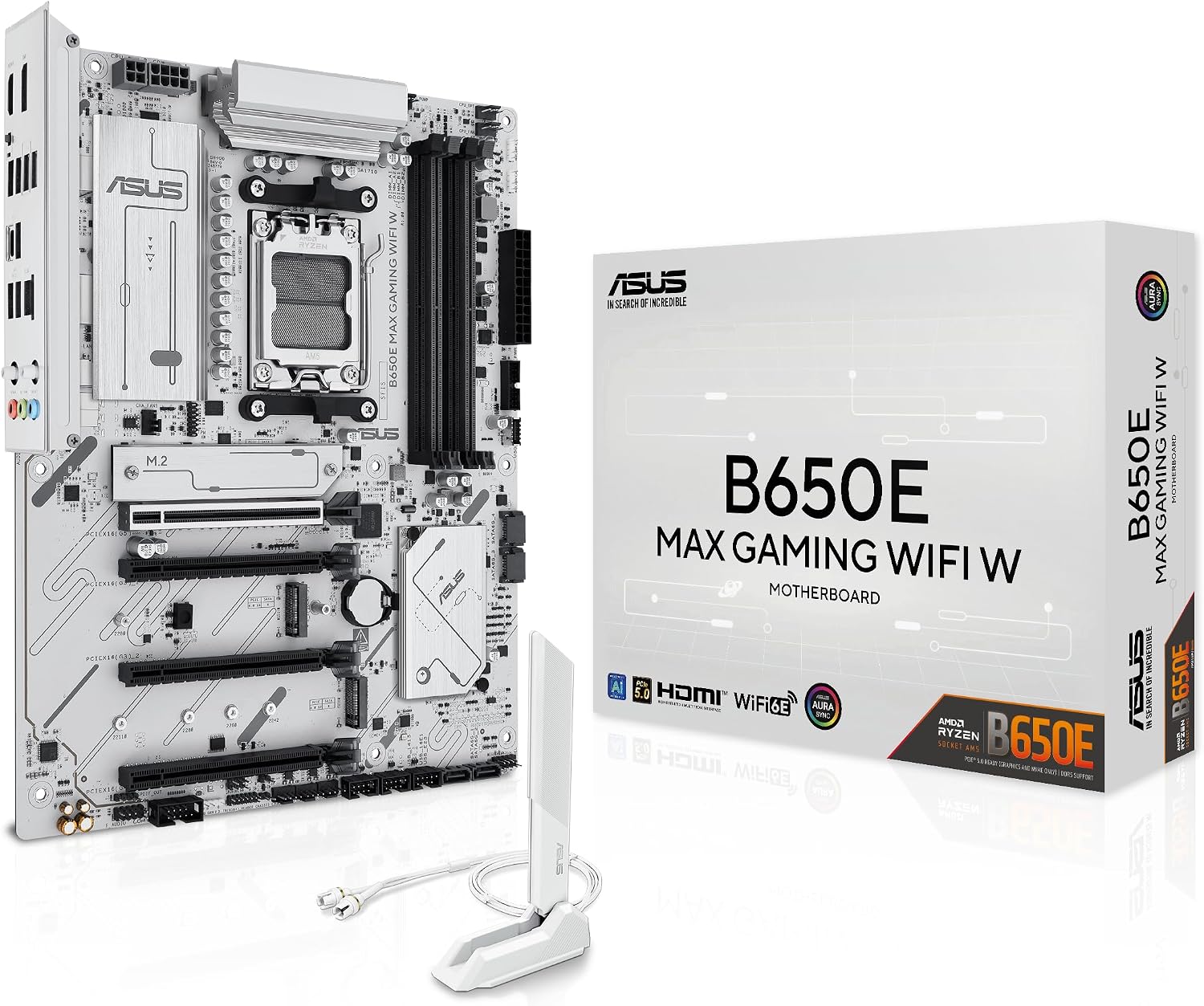 ASUS B650E MAX Gaming WiFi W – AMD B650 AM5 ATX Motherboard, White PCB, DDR5, PCIe 5.0, 3X M.2, Wi-Fi 6E, 2.5Gb LAN, USB 10Gbps Type-C, DisplayPort, HDMI™, BIOS Flashback™, Aura Sync, Advanced AI PC