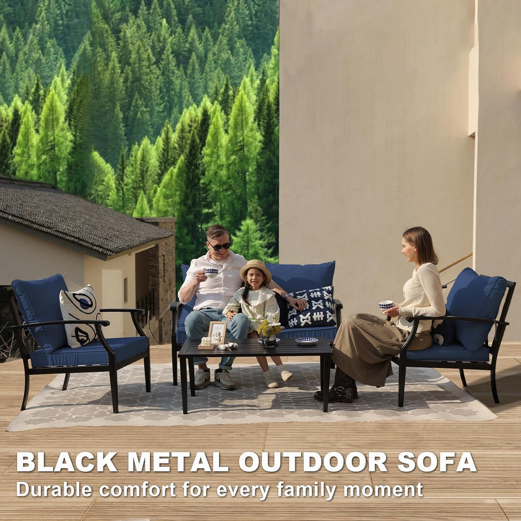 4-Piece Patio Furniture Set, Wider Outdoor Metal Seating Sofa with High Back & Loveseat, Coffee Table, All Weather Metal Conversation Set for Backyard, Poolside, Deck-Navy