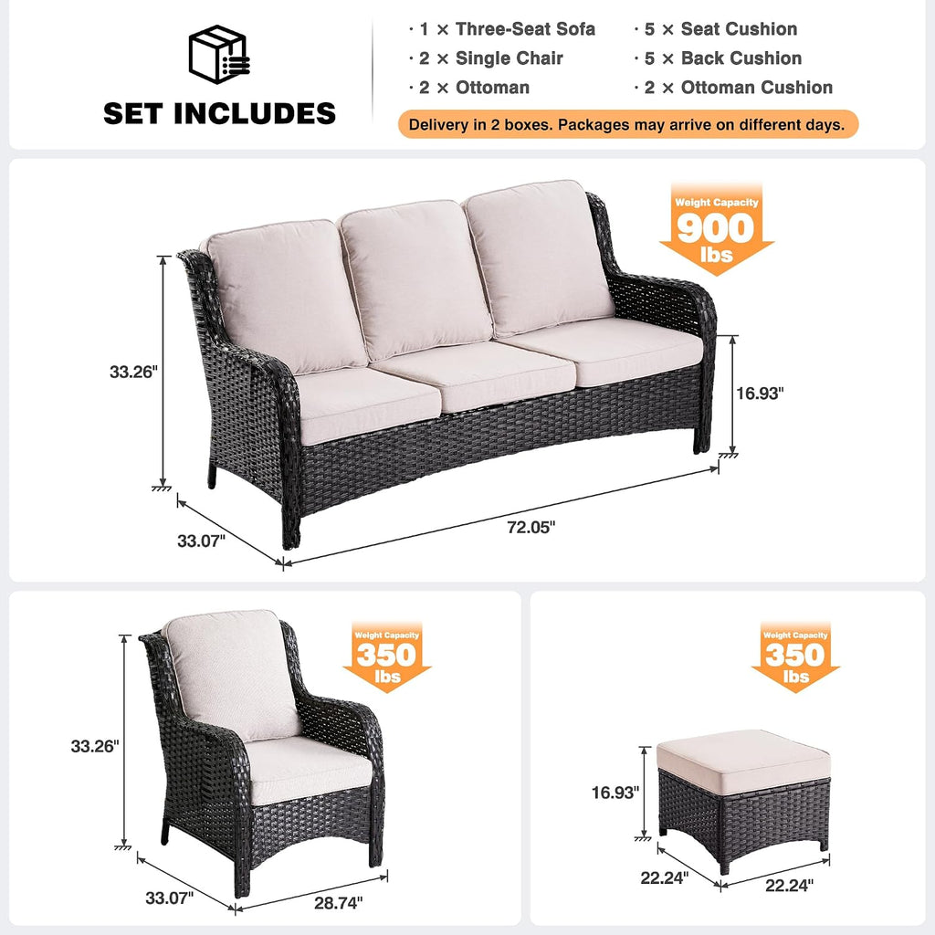ovios 5-Pieces Patio Furniture Set, Outdoor Wicker Sofa Couch with Chairs Ottomans Comfy Cushions, High Back Modern All Weather Conversation Set, Brown Rattan, Beige