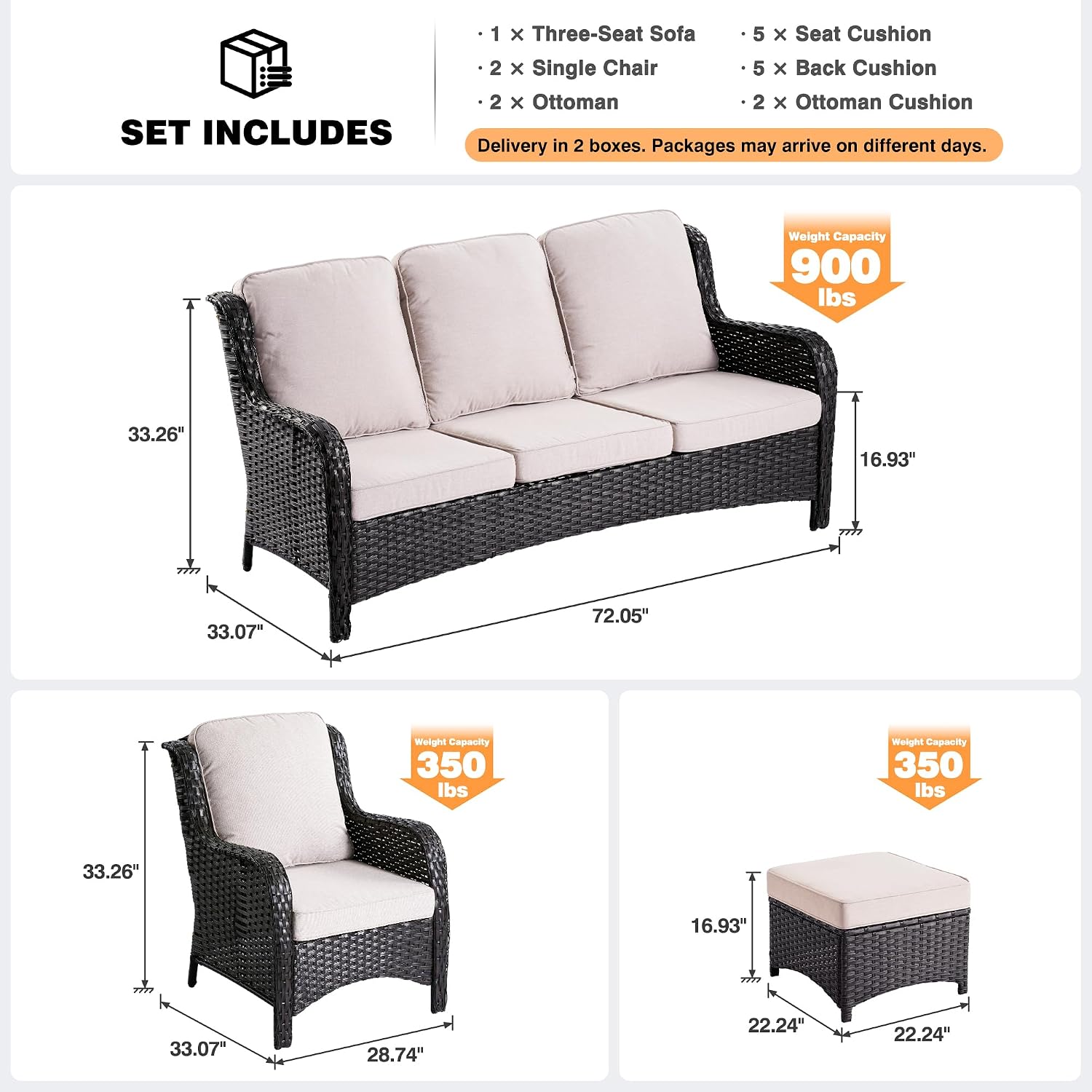 ovios 5-Pieces Patio Furniture Set, Outdoor Wicker Sofa Couch with Chairs Ottomans Comfy Cushions, High Back Modern All Weather Conversation Set, Brown Rattan, Beige