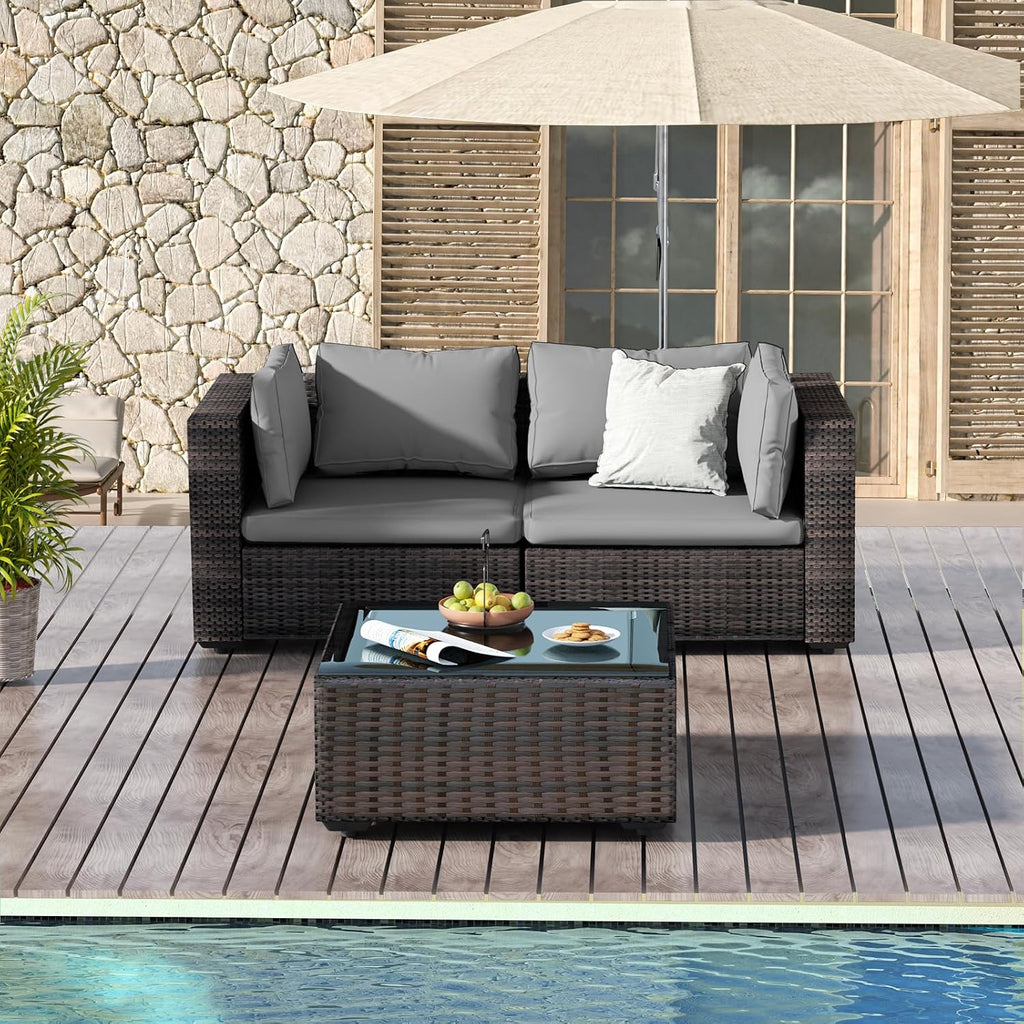 3 Piece Patio Furniture Set All Weather PE Rattan Outdoor Sectional Sofa Couch with No-Slip Cushions and Glass Top Table for Garden, Poolside, Backyard (Gray)