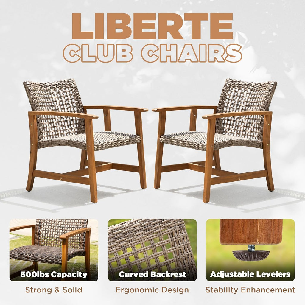 Idzo Liberte Accent Chairs Set of 2, 500lbs Weight Support, Acacia Wood, FSC Teak Finish, UV Protected, Dynamic Gray Wicker, Ideal for patios and Gardens
