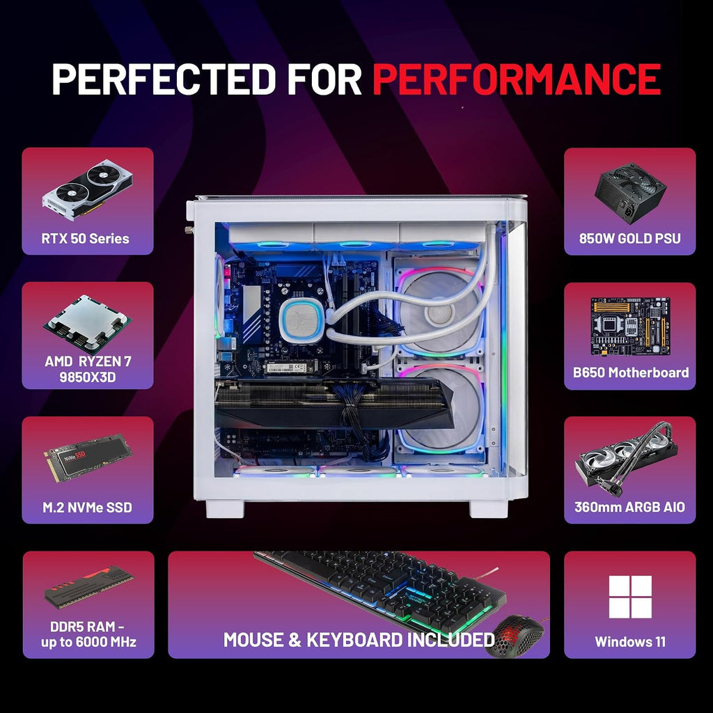 Skytech Gaming King 95 Gaming PC, AMD Ryzen 7 9850X3D 4.7GHz, NVIDIA RTX 5080 16GB VRAM, 2TB Gen4 NVMe SSD, 32GB DDR5 RAM 6000, 850W Gold ATX 3 PSU, 360 ARGB AIO, WI-FI 5, Windows 11, Desktop