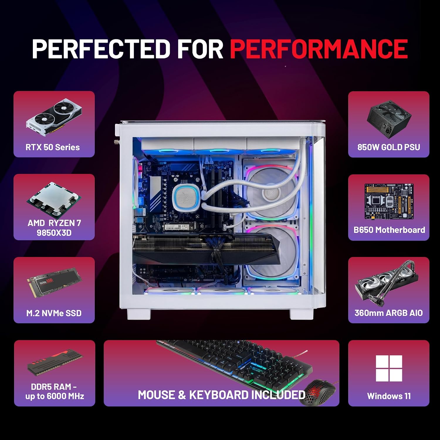 Skytech Gaming King 95 Gaming PC, AMD Ryzen 7 9850X3D 4.7GHz, NVIDIA RTX 5080 16GB VRAM, 2TB Gen4 NVMe SSD, 32GB DDR5 RAM 6000, 850W Gold ATX 3 PSU, 360 ARGB AIO, WI-FI 5, Windows 11, Desktop