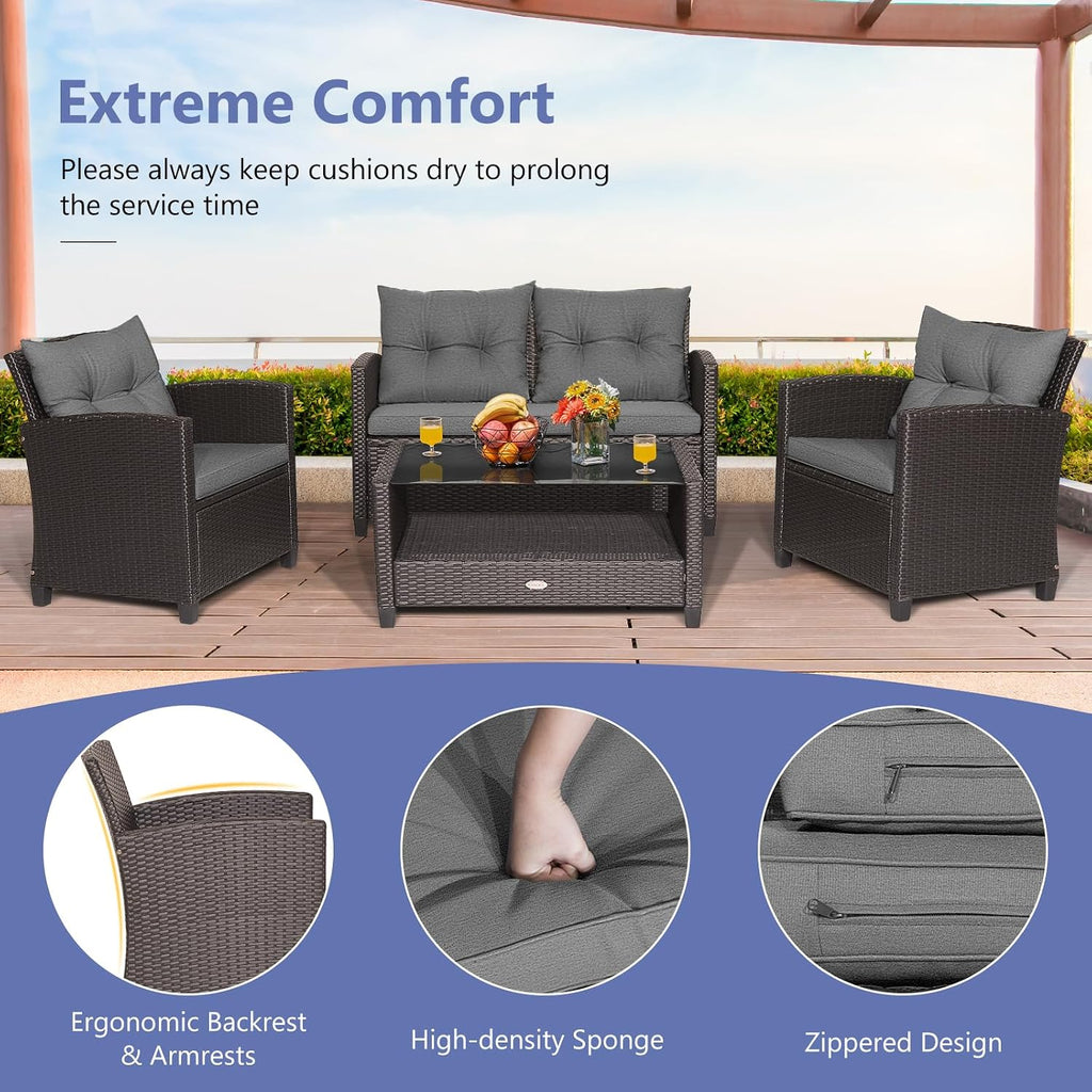 Tangkula 4-Piece Outdoor Rattan Furniture Set, PE Rattan Wicker Sectional Sofa with Loveseat Chair & Glass Table, Patio Cushioned Conversation Sets for Backyard Porch Garden Poolside (1, Gray)
