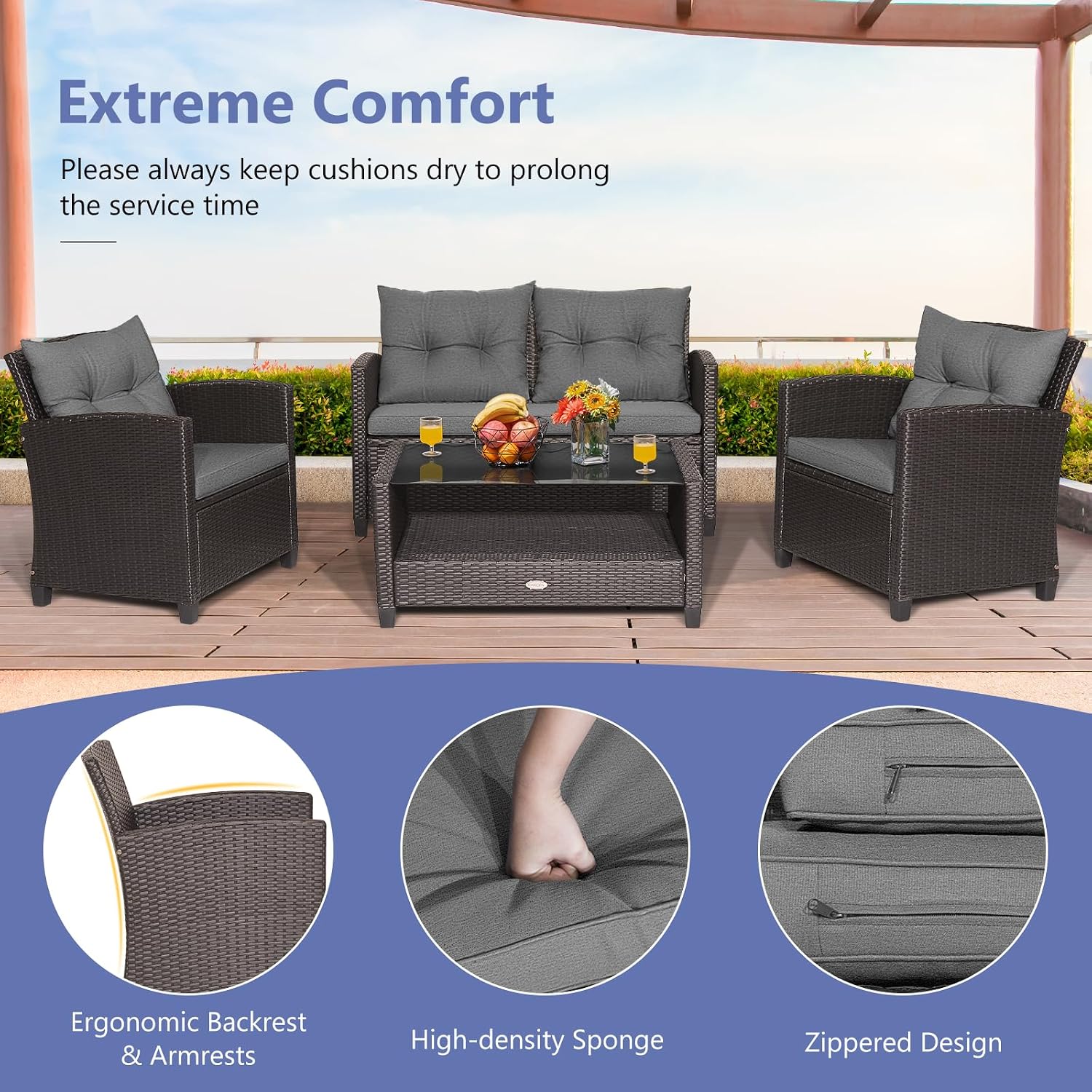 Tangkula 4-Piece Outdoor Rattan Furniture Set, PE Rattan Wicker Sectional Sofa with Loveseat Chair & Glass Table, Patio Cushioned Conversation Sets for Backyard Porch Garden Poolside (1, Gray)
