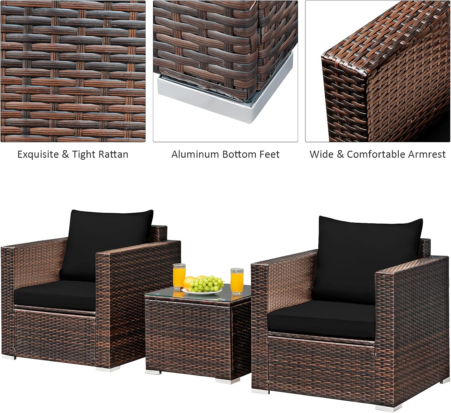 Tangkula 3 Pieces Patio Furniture Set, Outdoor Conversation Rattan Furniture Set w/Washable Cushion and Tempered Glass Tabletop, PE Rattan Wicker Sofa Set for Garden Poolside Balcony