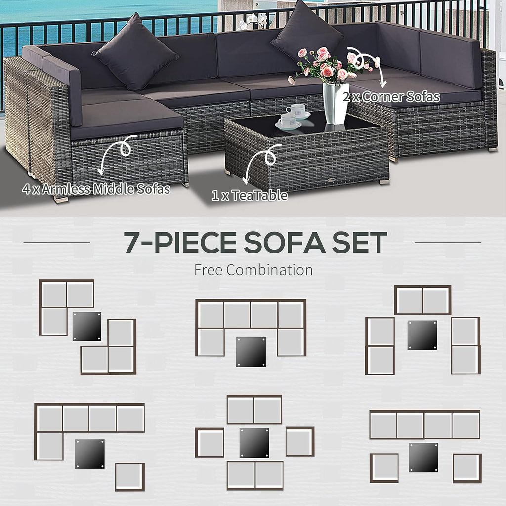 Outsunny 7-Piece Patio Furniture Sets Outdoor Wicker Conversation Sets All Weather PE Rattan Sectional Sofa Set with Cushions & Tempered Glass Desktop, Grey