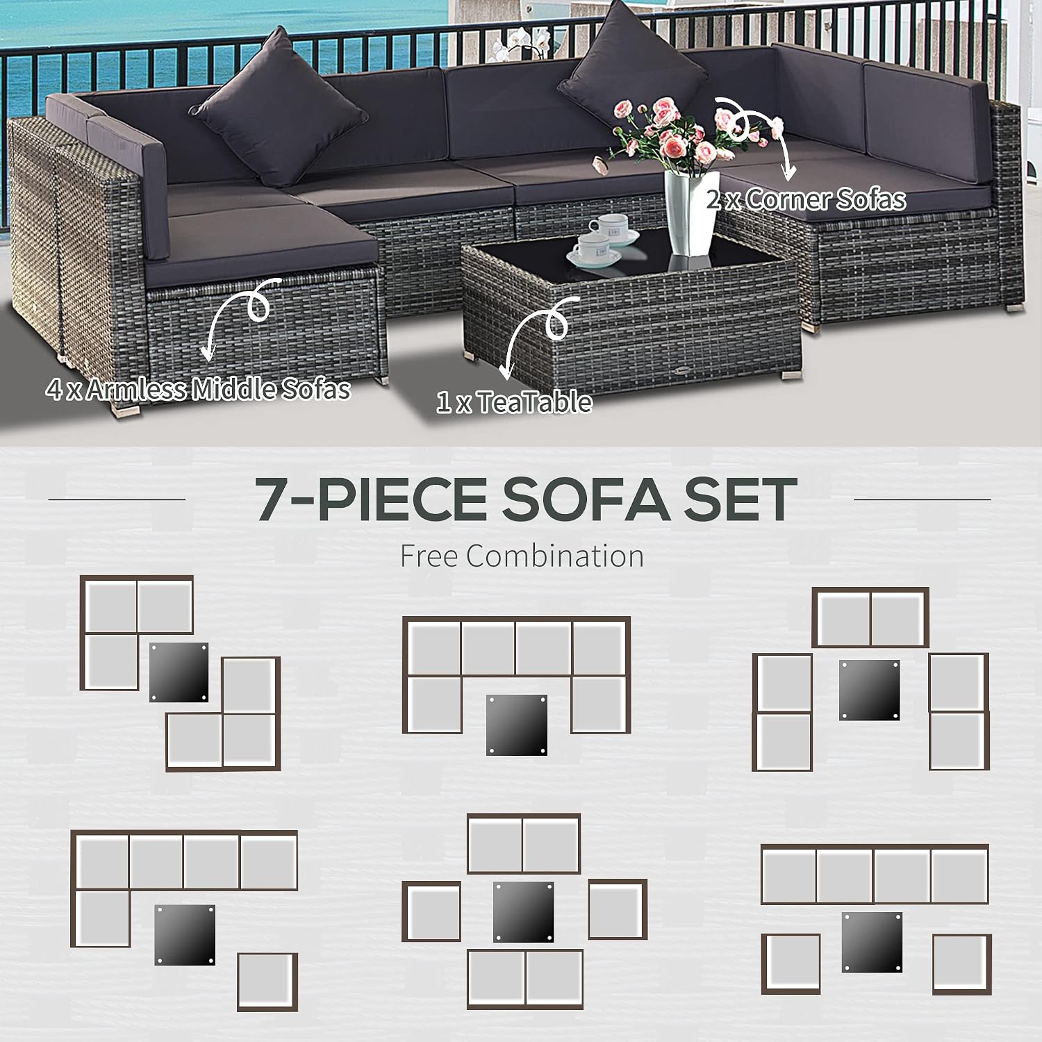 Outsunny 7-Piece Patio Furniture Sets Outdoor Wicker Conversation Sets All Weather PE Rattan Sectional Sofa Set with Cushions & Tempered Glass Desktop, Grey