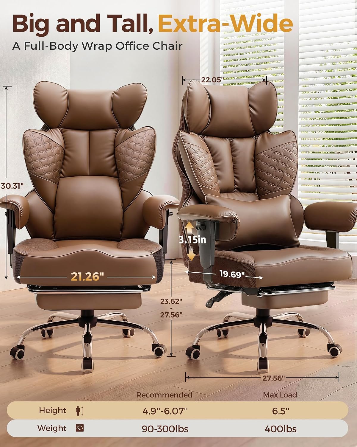 COMHOMA Big and Tall Office Chair Heavy Duty Gaming Chair with Deluxe Embossing Leather High Back Wider Ergonomic Computer Chair with Foot Rest 150°Reclining Pocket Spring Lumbar Support