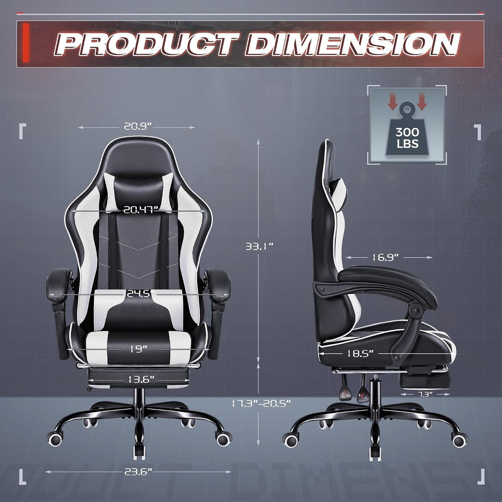 Furmax Gaming Chair, Video Game Chair with Footrest and Massage Lumbar Support, Swivel Seat Height Adjustable Computer Chair with Headrest, Racing E-Sport Gamer Chair (White)