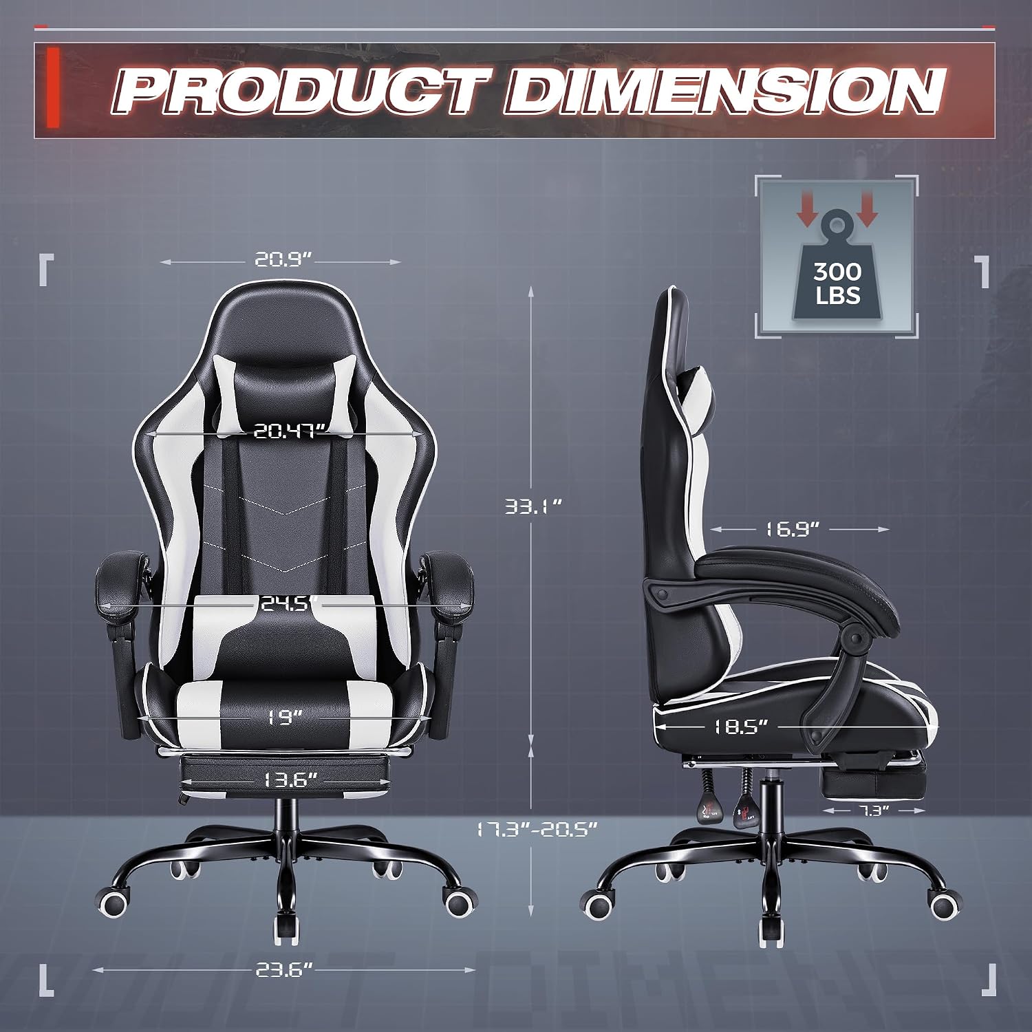Furmax Gaming Chair, Video Game Chair with Footrest and Massage Lumbar Support, Swivel Seat Height Adjustable Computer Chair with Headrest, Racing E-Sport Gamer Chair (White)
