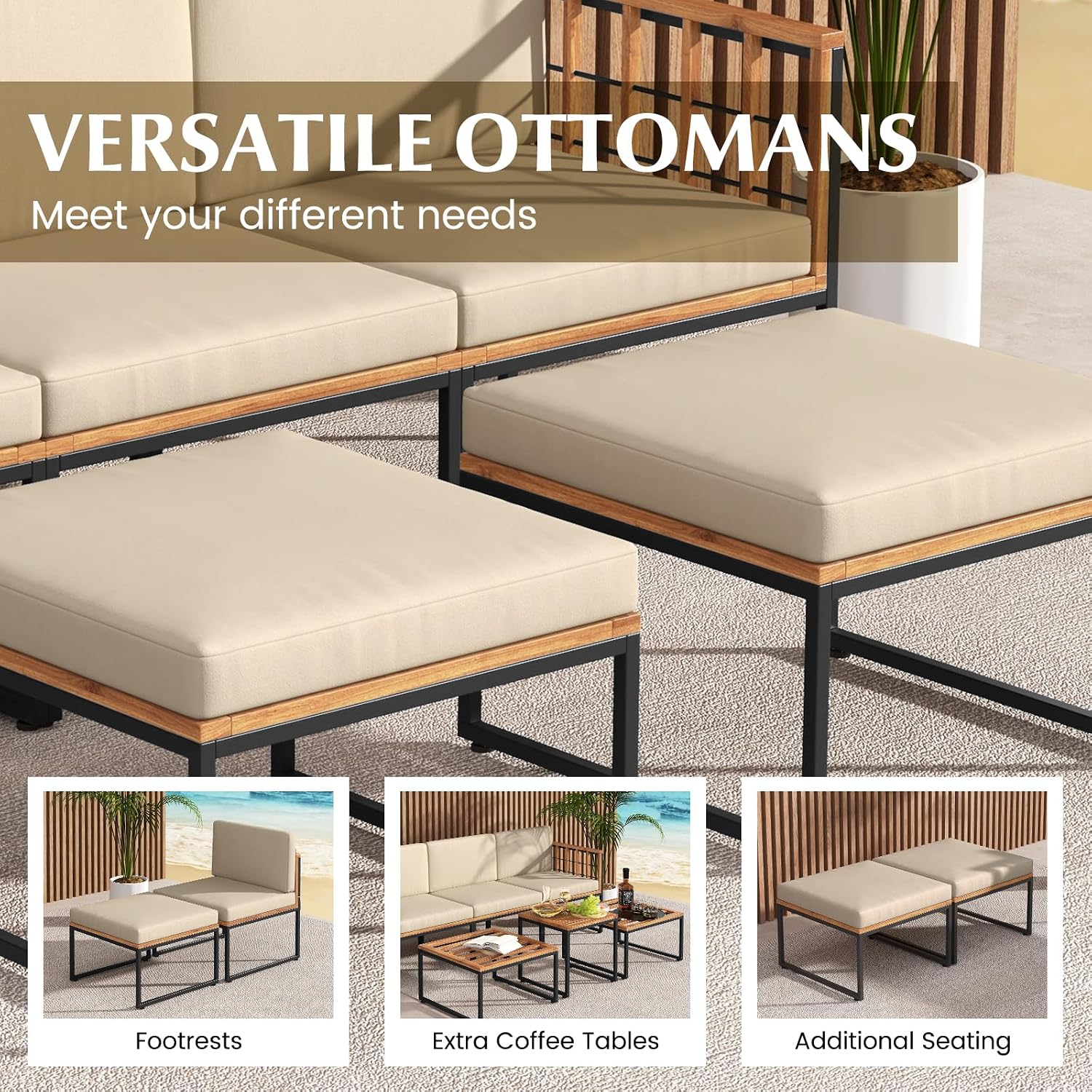 Tangkula 6 Pieces Acacia Wood Patio Furniture Set, Outdoor Sectional Conversation Sofa Set with Cushions, Coffee Table and Ottomans, Metal Frame Patio Sofas for Garden, Poolside, Backyard, Beige