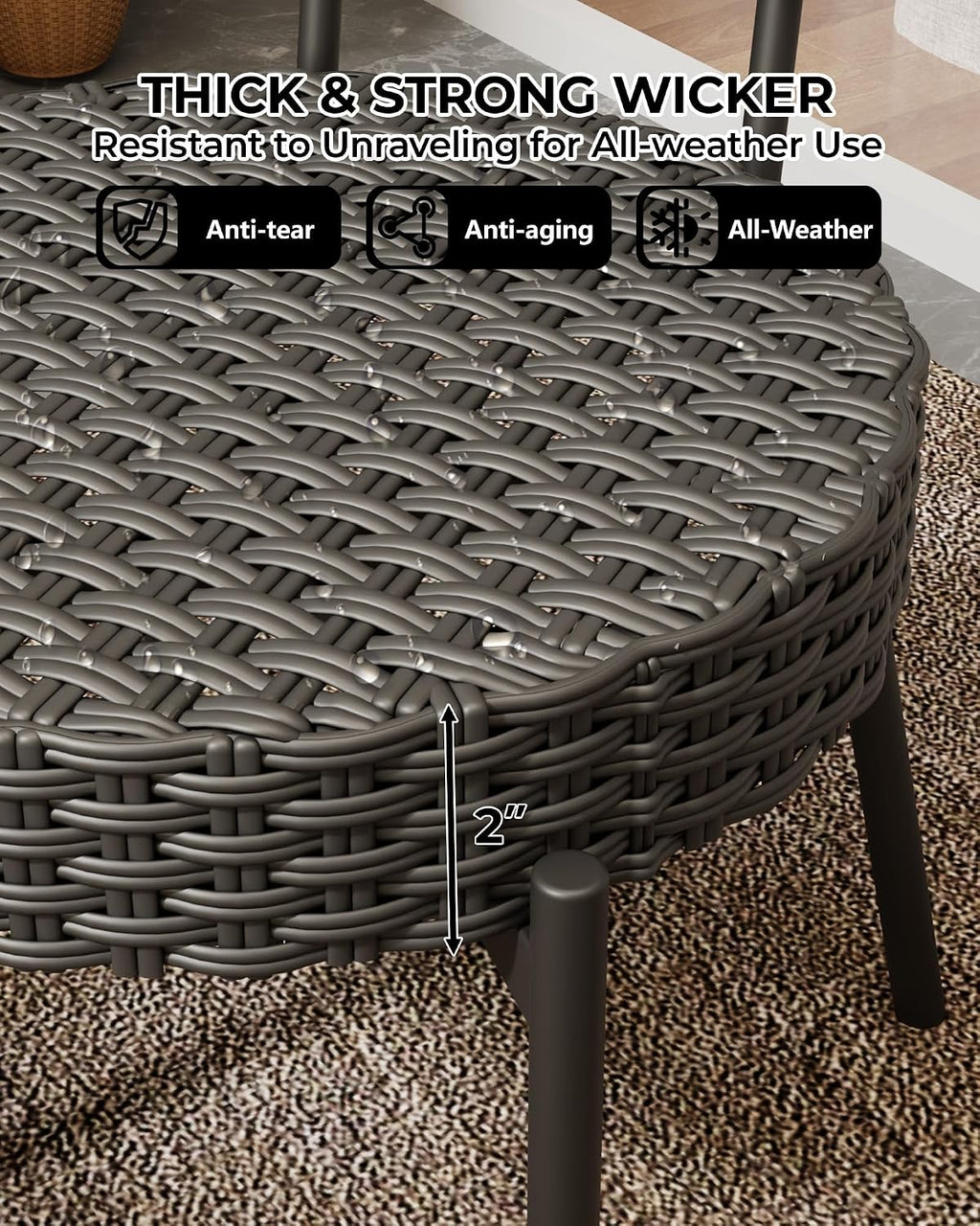 GarveeLife 3 Piece Wicker Patio Bistro Furniture Set, Outdoor Dining Chairs, Includes 2 Rattan Chairs and Tempered Glass Table, for Garden, Backyard, Balcony, Apartment, Black & Grey