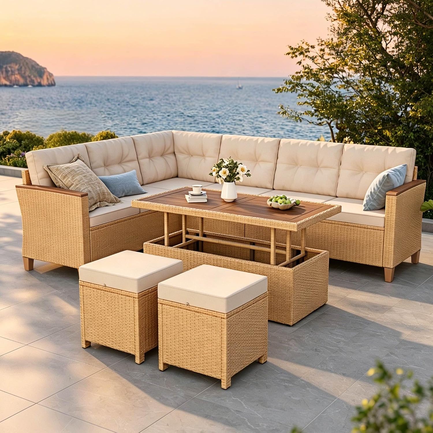 SUNSHINE VALLEY Patio Furniture Set, 6 Piece Wicker Outdoor Patio Conversation Set, Outside L-Shaped Sectional Sofa Couch with Chaise Lounge and 2 Ottomans, 1 Height Adjustable Table for Lawn