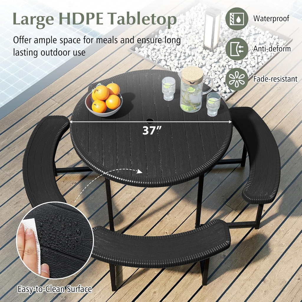 Giantex Picnic Table Bench Set for 4-8 Person, Round 37' Outdoor Dining Table w/Umbrella Hole, HDPE Tabletop, Metal Frame, Patio Furniture Set for Backyard Porch Lawn, 1400lb Capacity (Black,Round)