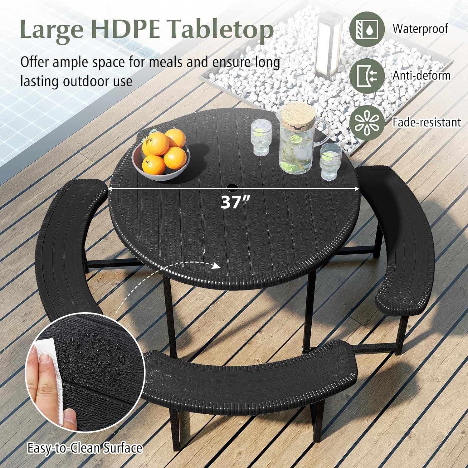 Giantex Picnic Table Bench Set for 4-8 Person, Round 37' Outdoor Dining Table w/Umbrella Hole, HDPE Tabletop, Metal Frame, Patio Furniture Set for Backyard Porch Lawn, 1400lb Capacity (Black,Round)