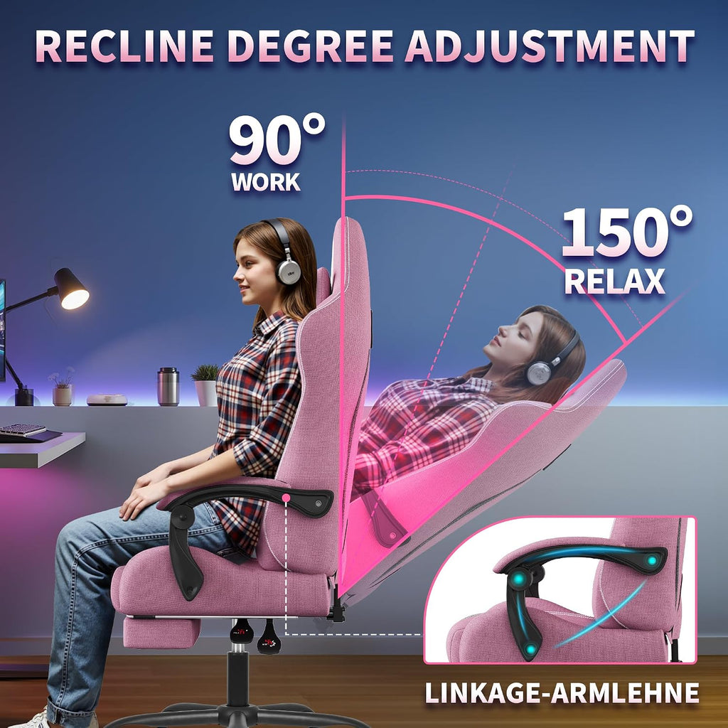 SITMOD Fabric Gaming Chair with Footrest-Breathable Computer Chair with Headrest & Lumbar Pillow,Big and Tall Ergonomic Gamer Chair for Heavy Adults,22.44' Deep Seat Gaming Chairs for Adults(Pink)