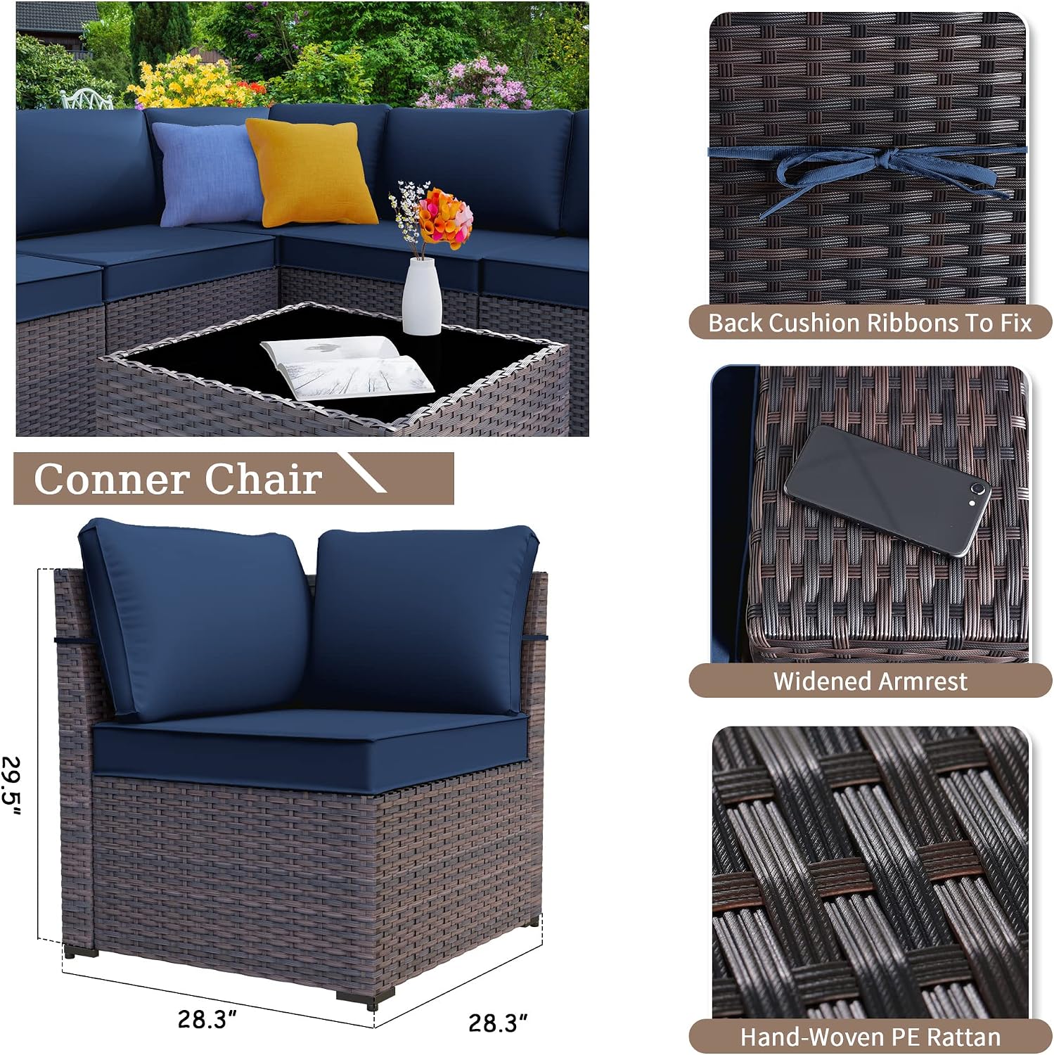 Kurapika 7 Pieces Patio Furniture Set, Rattan Outdoor Conversation Sets w/43in Propane Fire Pit Table and 4 Inch Cushion(Navy Blue)